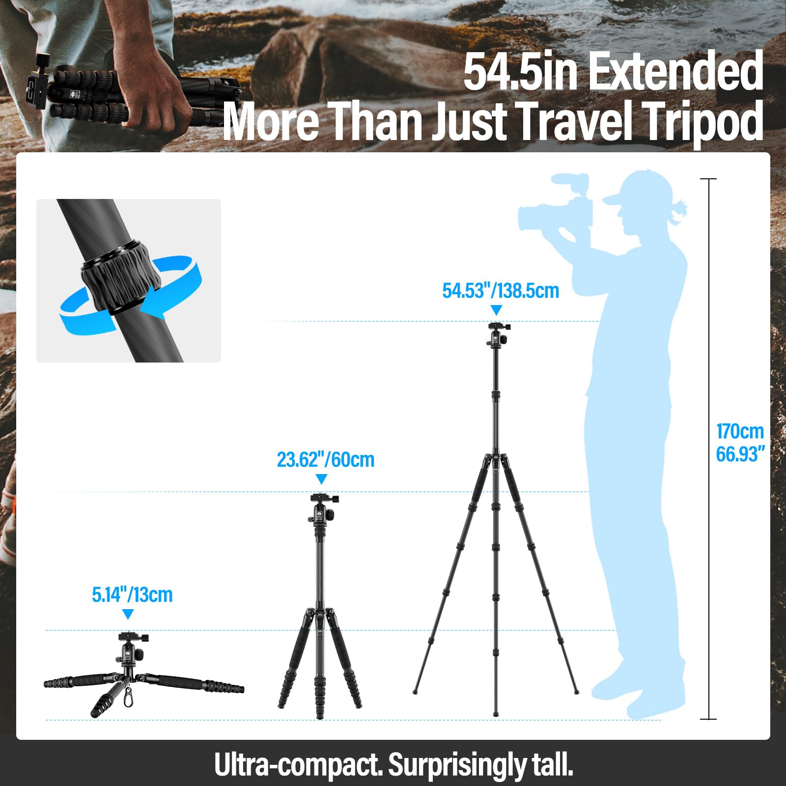 SIRUI AM-5C Treppiede da Viaggio in Fibra di Carbonio, 140cm/55.1" Treppiede per Fotocamere con Testa a Sfera Panoramica a 360°, QR Plate, Colonna Centrale Rimovibile, Carico Fino a 10 kg/22 lb