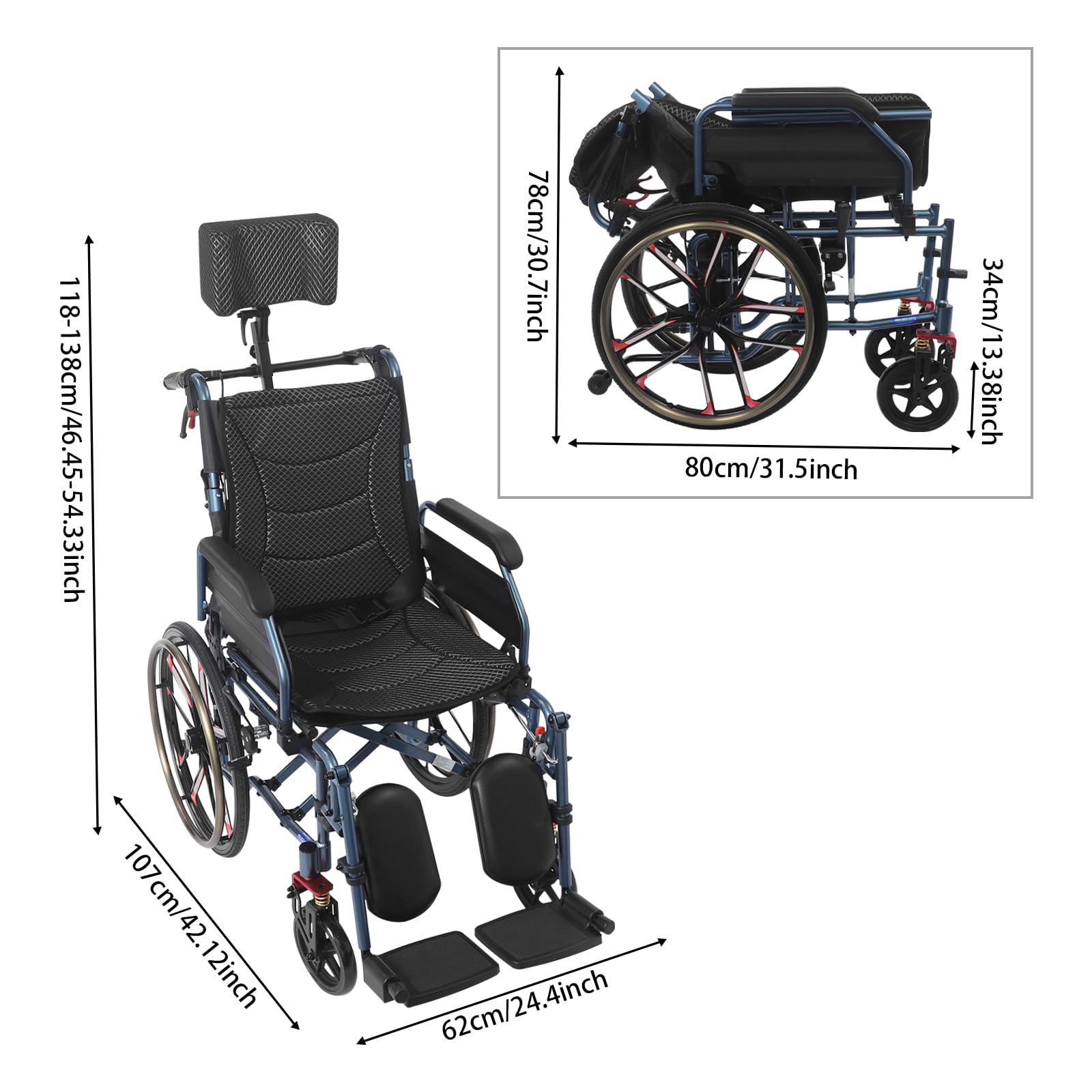 Silla de ruedas plegable de hasta 100kg con ruedas traseras/delanteras de 20/7in,cinturón de seguridad,reposabrazos plegables,ruedas antivuelco,Silla de ruedas de tránsito para personas mayores,viajar
