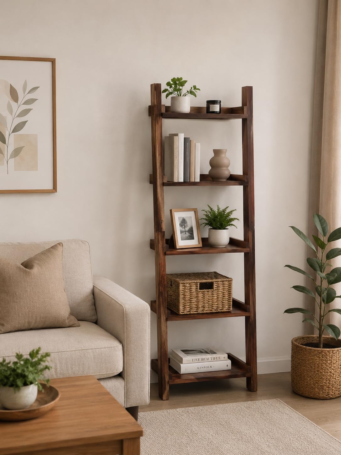 Ladder Shelf,5 Tier Wooden Storage Rack,Multipurpose Ladder Shelf,Display Stand,Home Decor Organizer Shelf,Rustic Wooden Bookshelf,Corner Storage Rack Decorative Wooden | Dhan Decor-image-29