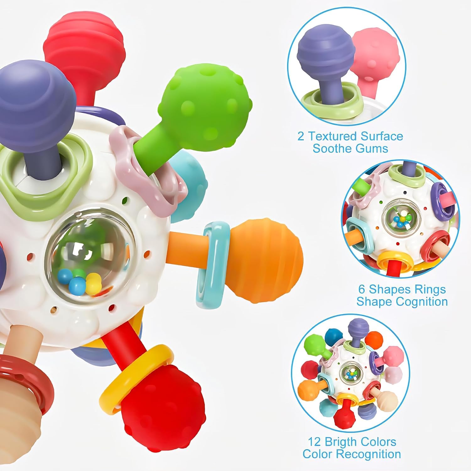 PB Prime Brands Silicone Baby Teether Ball Toy, BPA-Free Sensory Teething Toy for 3+ Months, Soft Chewable Textured Teether with Rattle, Colorful Grasping & Development Toy for Infants and Toddlers (White) 2