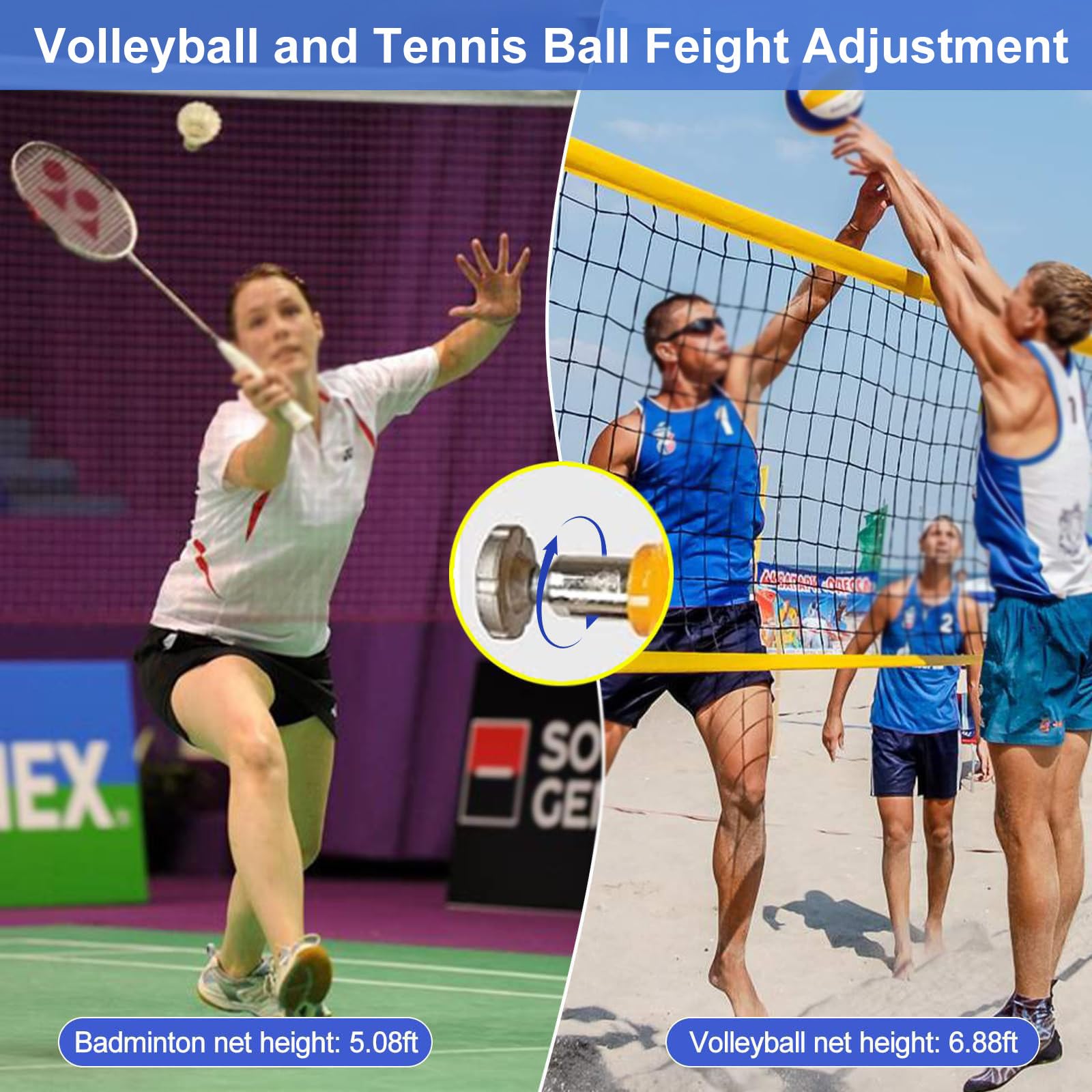 Poteaux de Volley-Ball pour Jardin, avec Filet de Volley-Ball/de Badminton, poteaux de Volley-Ball Robustes pour intérieur et extérieur, hauteurs réglables avec Roues et 2 Filets