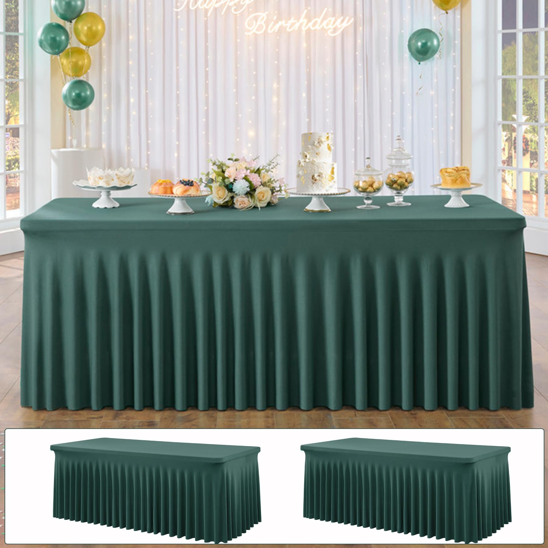 Hunter Green Rectangular Spandex Tablecloth 1.8 m with Skirt, Wrinkle-Free Stretch Fitted Tablecloth for 1.8 m Rectangular Table, Elastic Ruffle Table Skirts for Banquet, Party, Wedding, Birthday, โ image 1