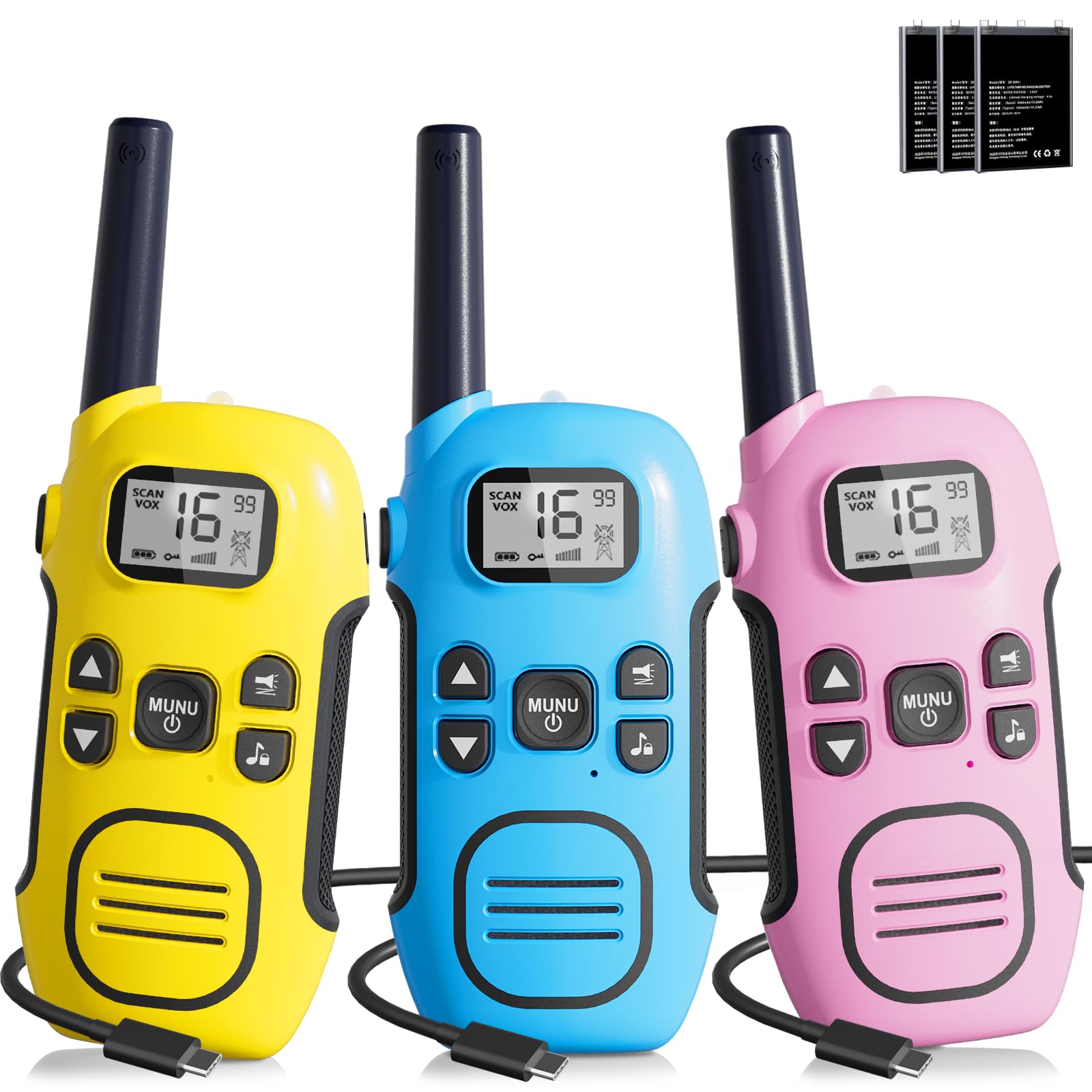 Walkie Talkie Profesional Recargable,Walkie-Talkie Largo Alcance para Niños,1200mAh Batería,16 Canales Radio,VOX LED,para Aventuras Senderismo (Azul + Amarillo + Rosa, Paquete de 3)