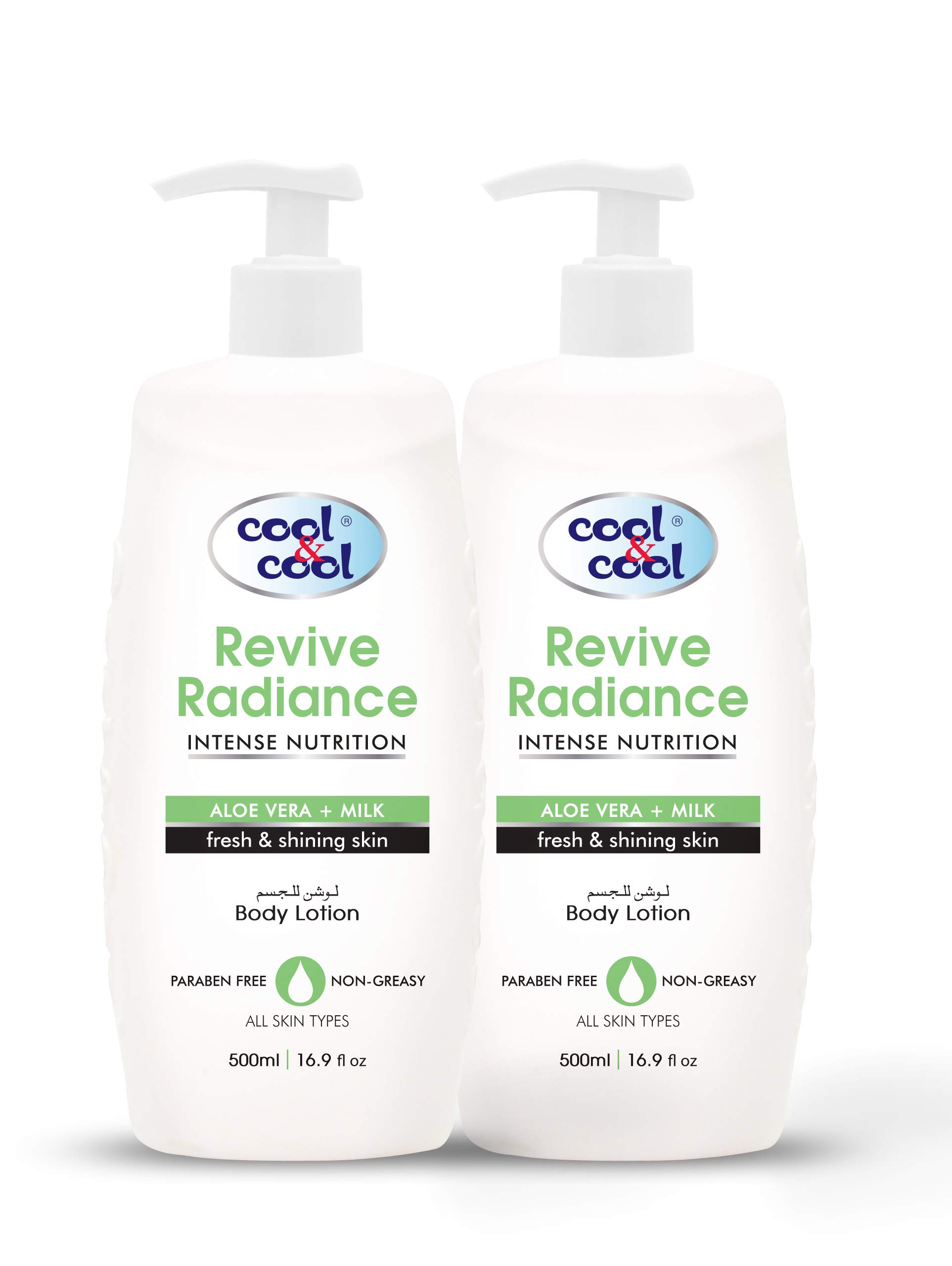 Cool & CoolRevive Radiance Body Lotion 500ML(Pack of 2) - Hydrating Formula with Aloe Vera & Milk, Non-Greasy & Paraben-Free, Promotes Fresh and Shiny Skin 1L
