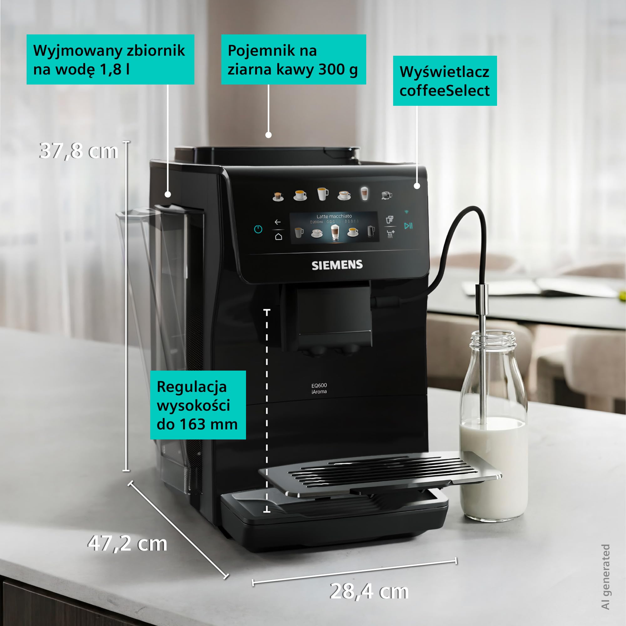 Siemens EQ600 iAroma, automatyczny ekspres do kawy z młynkiem i ekranem dotykowym, do kaw i napojów mlecznych do 480 ml, czarny, TP601E09
