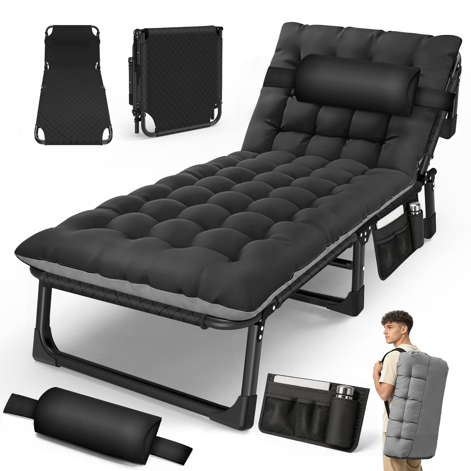 Campingbett Klappbar mit Matratze&Nackenkissen, 190x75x30cm bis 200KG, Tragbar Feldbett mit Groß Seitentasche, Sonnenliege Outdoor&Indoor, Gästebett Faltbar Oxford-Gewebe, Tragetasche, Schwarz