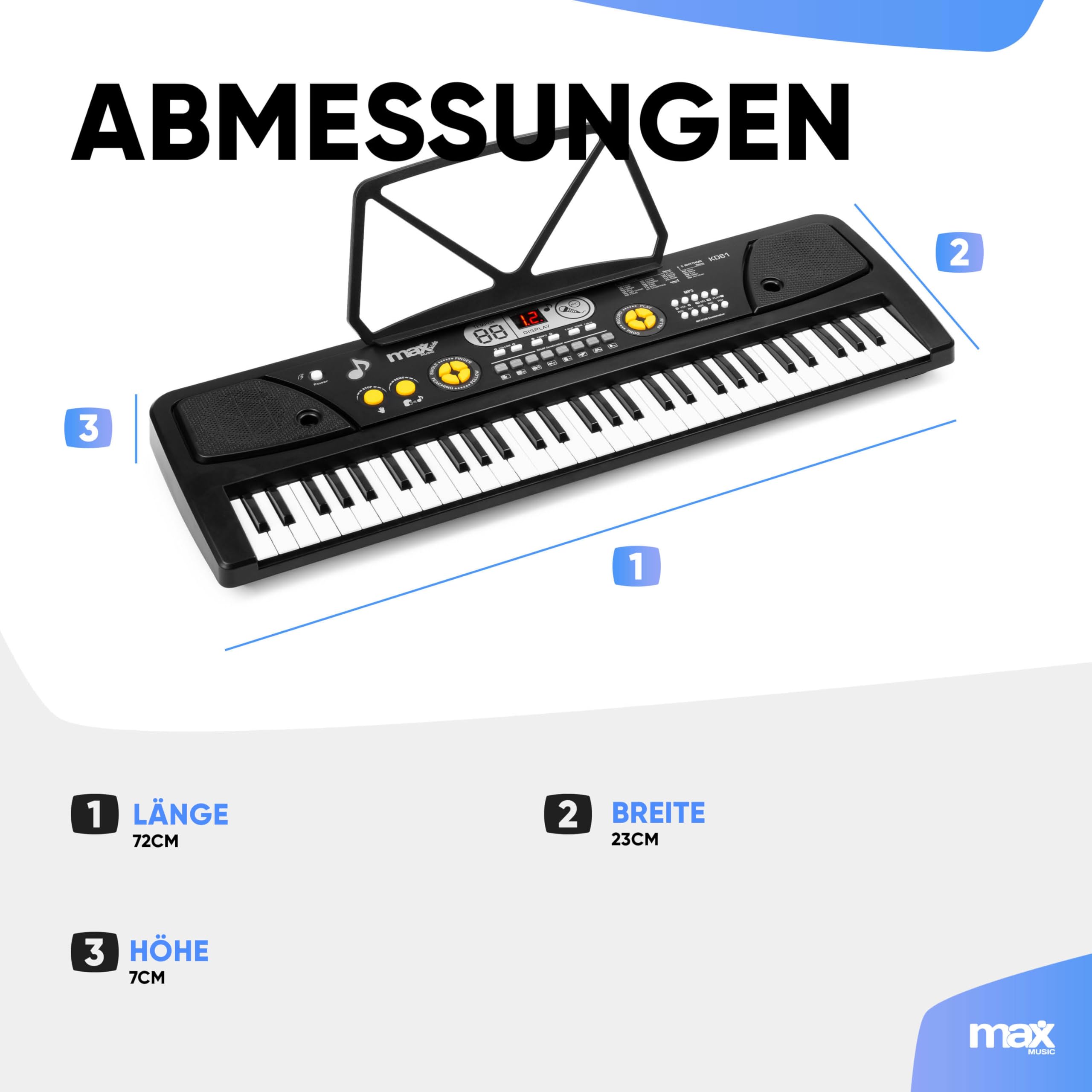 MAX KD61 Elektronische Tastatur für Kinder, 61 Tasten, mit Akku, Mikrofon, LED-Display, Aufnahme, Rhythmen, Akkorde und Lernfunktionen für Anfänger ab 5 Jahren – Schwarz