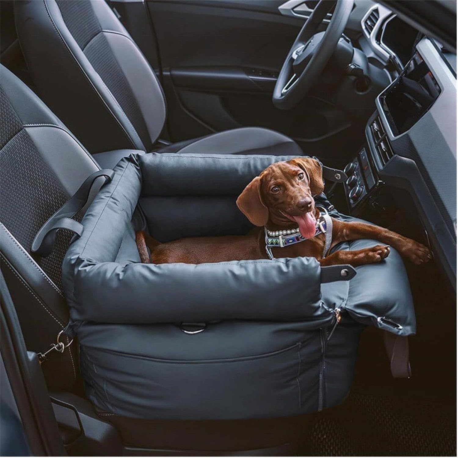 Asiento de coche para perros pequeños, desmontable y lavable, cama de espuma viscoelástica para perro con bolsillos de almacenamiento y correa de seguridad con clip, asiento de coche para mascotas