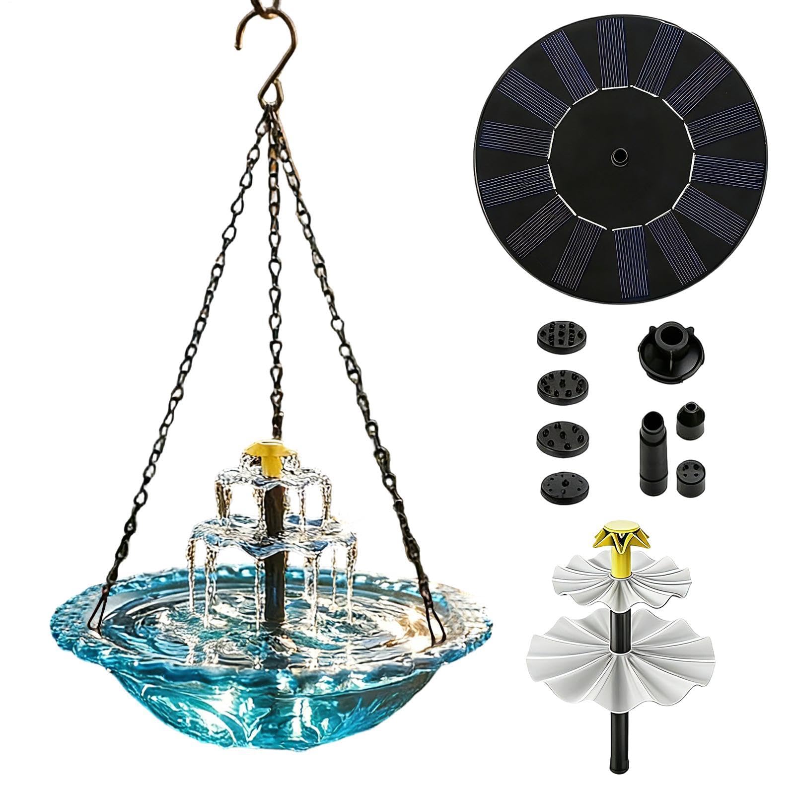 Solar Cascade Hanging Bird Bath, Decorative with Pump Sprinkler, Solar Fountain for Bird Bath, Bird-Bath Fountains Solars Power, Outdoor Water Feature for Hummingbirds Garden Decor Yard Patio Porch