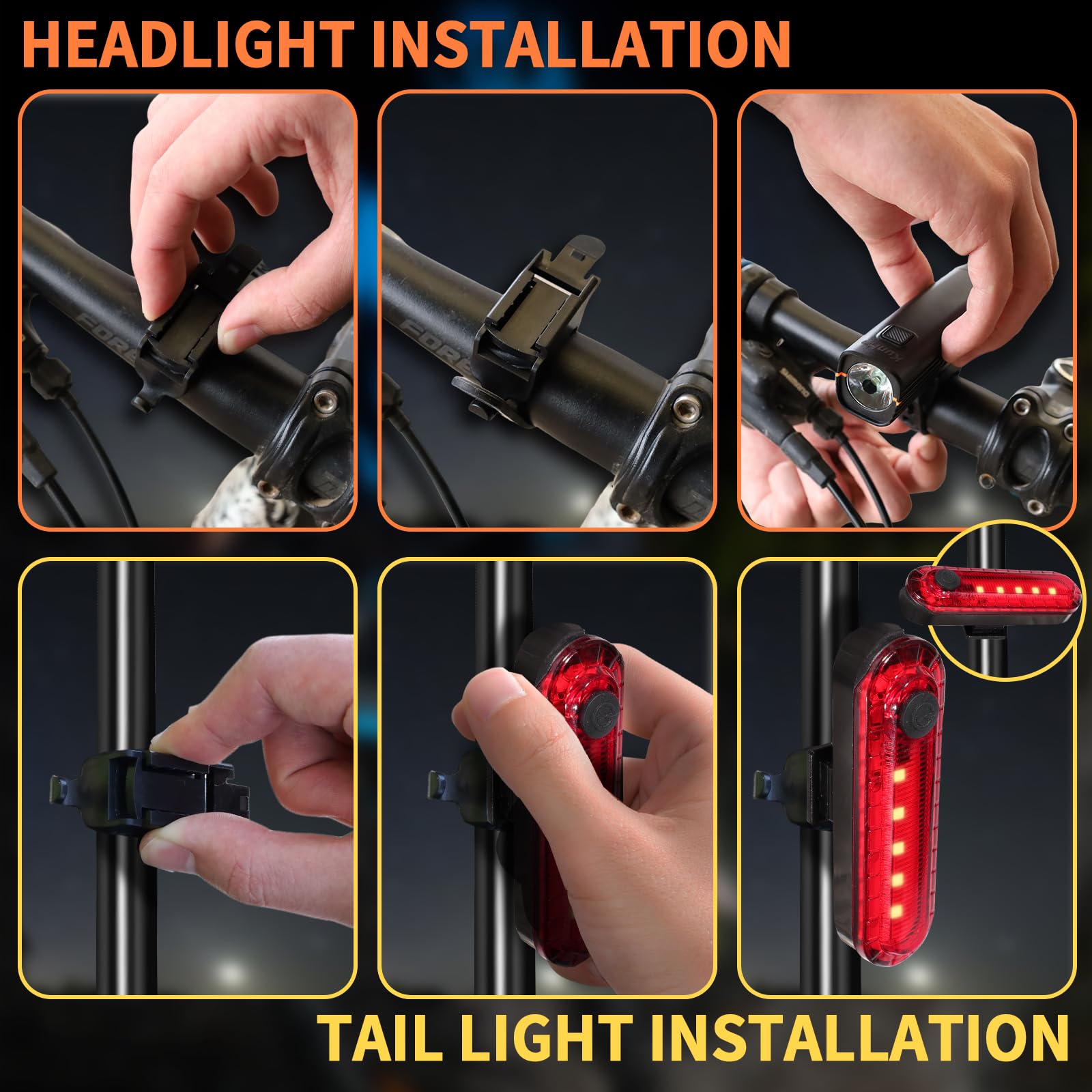 KunHe Lot de 1 ou 2 lampes de vélo 227 lumens 1600 mAh rechargeables avant et arrière avec étanchéité IPX4 4 modes pour cyclisme de nuit