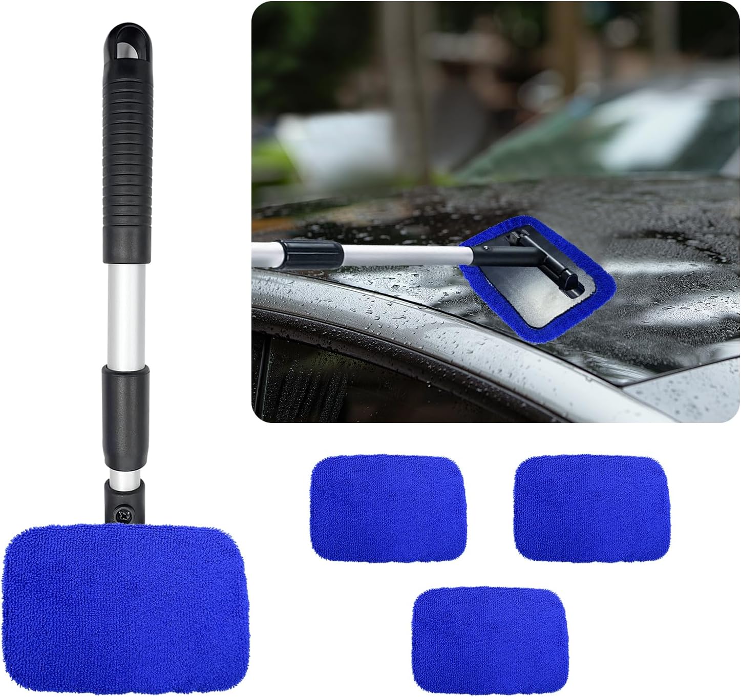 Ziciner Car Windshield Cleaner, Microfiber Auto Cleaning Wiper with Aluminum Extendable Handle and 2 Washable Reusable Cloth Pad Head, Universal Vehicle Interior Exterior Cleaner Kit (Blue-Rectangle) Ziciner Car Windshield Cleaner, Microfiber Auto Cleaning Wiper with Aluminum Extendable Handle and 2 Washable Reusable Cloth Pad Head, Universal Vehicle Interior Exterior Cleaner Kit (Blue-Rectangle)