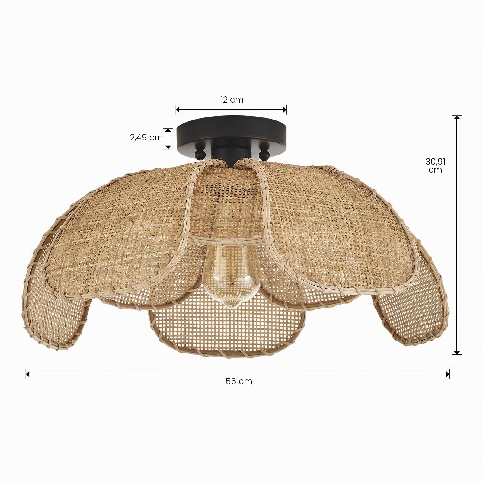 22" Natürliche Rattan Einbau-Deckenleuchte Hanfseil Korbgeflecht Handgewebter Boho Kronleuchter mit Blumen Lampenschirm für Veranda Terrasse Flur