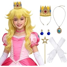 ELIM 7pcs Girls Blonde Peach Princess Costume Wig Set for Kids Cosplay Long Wavy Wig with Crown Accessories for Halloween Cosplay Anime Party - Pre-cut Bangs & Soft Thick Hair & Heat Resistant Z314