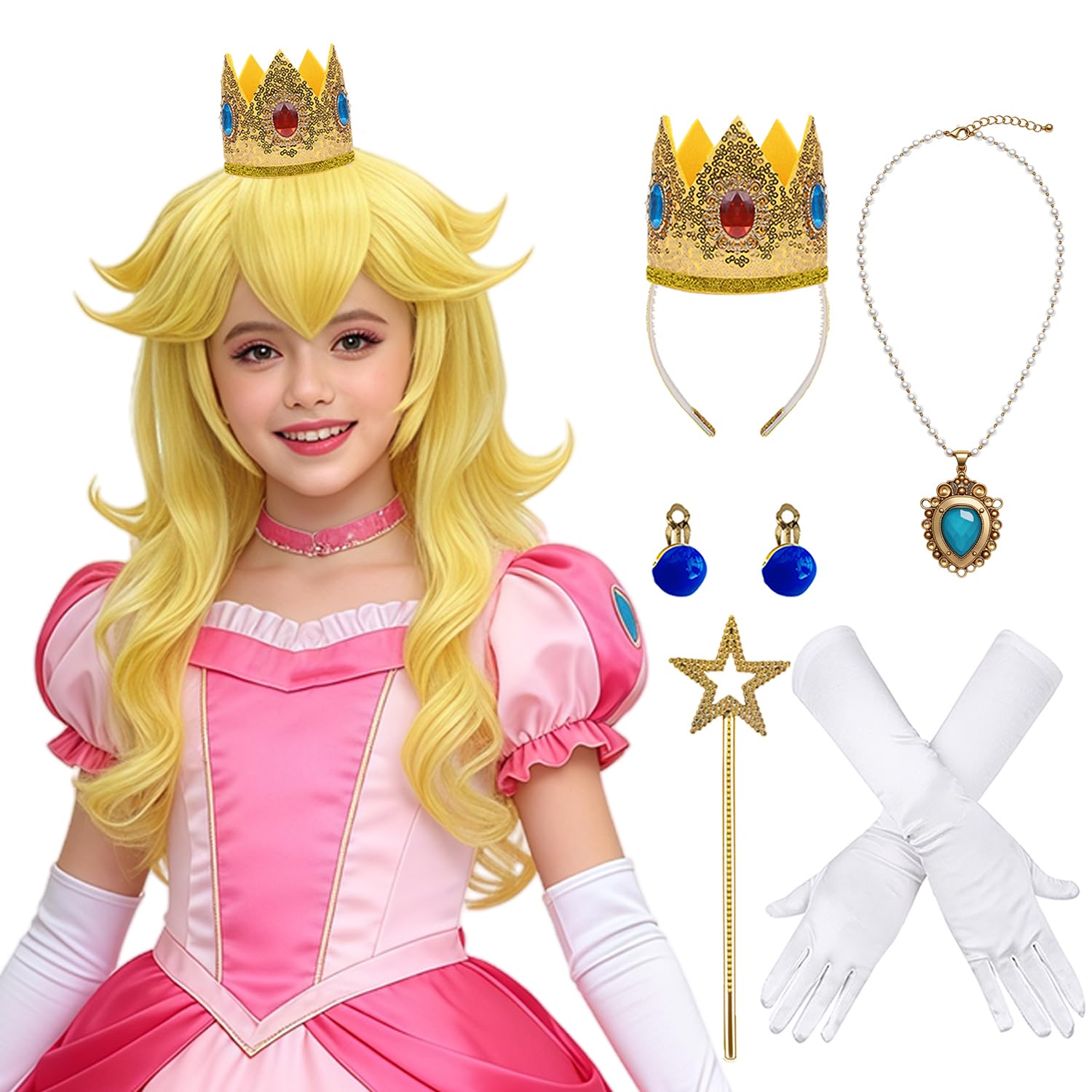 ELIM 7pcs Girls Blonde Princess Costume Wig Set for Kids Halloween Z314 | Long Wavy Wig with Crown Accessories for Halloween Cosplay Anime Party, Pre-cut Bangs & Soft Thick Hair & Heat Resistant