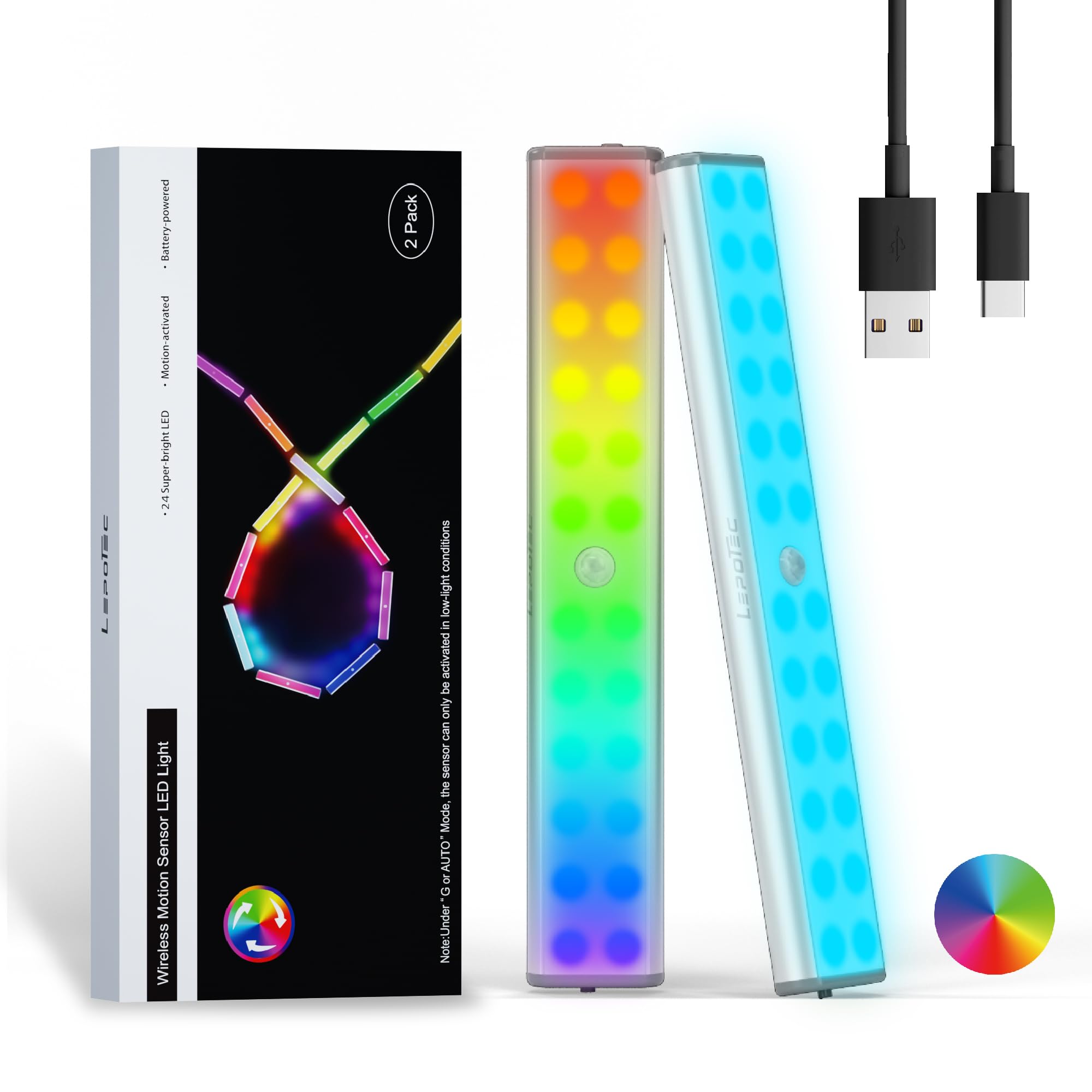 LEPOTEC 24LED RGBW Under Cabinet Light - Motion Sensor Closet Light, Rechargeable Changing Color LED Light,Christmas Lights for Kicthen,Bedroom,Remodelling Room,Hotel,Bar (Multi-24LED-2pack)