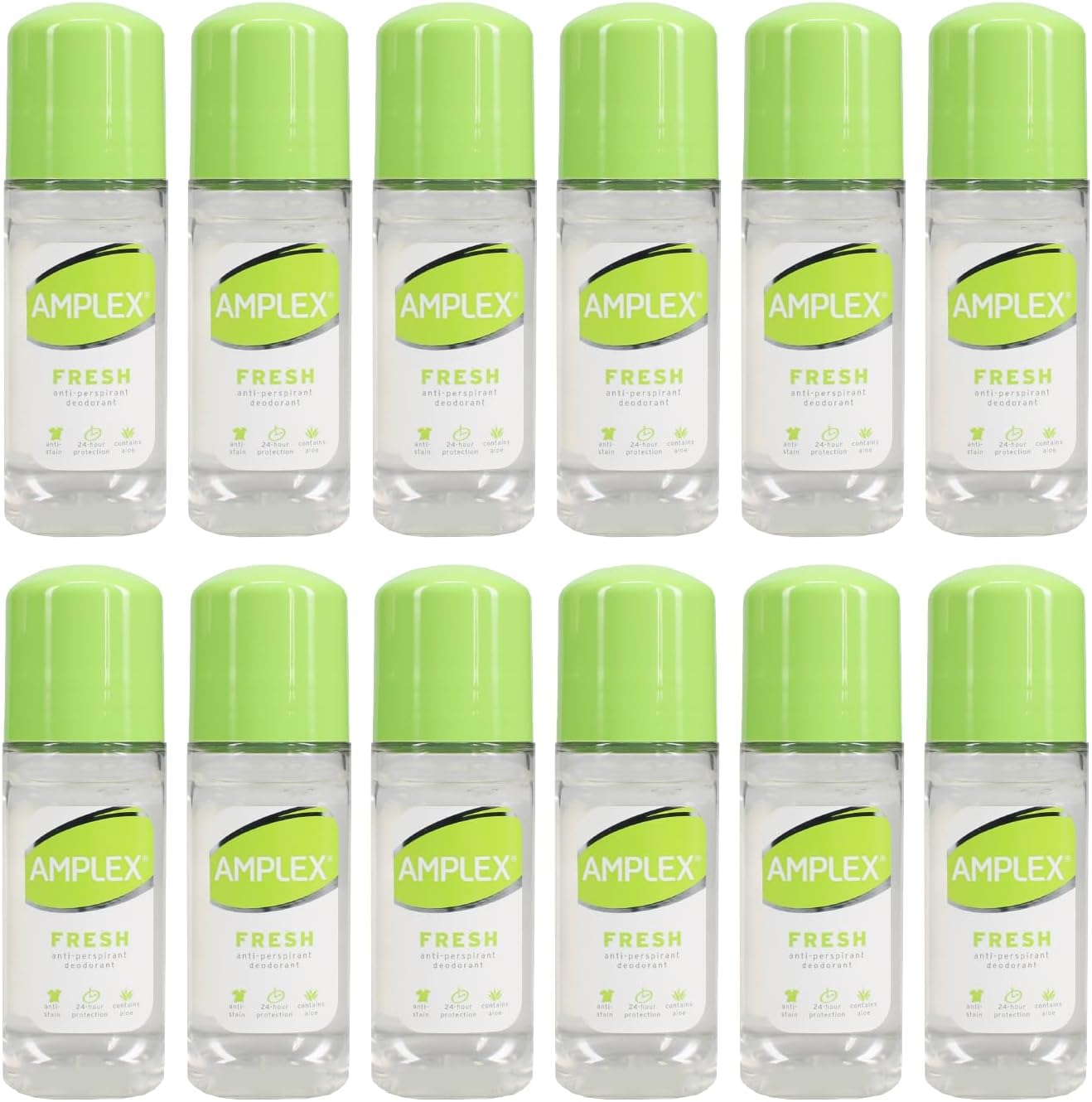 Amplex Alcohol-Free Daily Anti-Perspirant Deodorant Multi-Pack, Fresh Scent, Long-Lasting, Anti-Stain Formula, 12 x 50ml