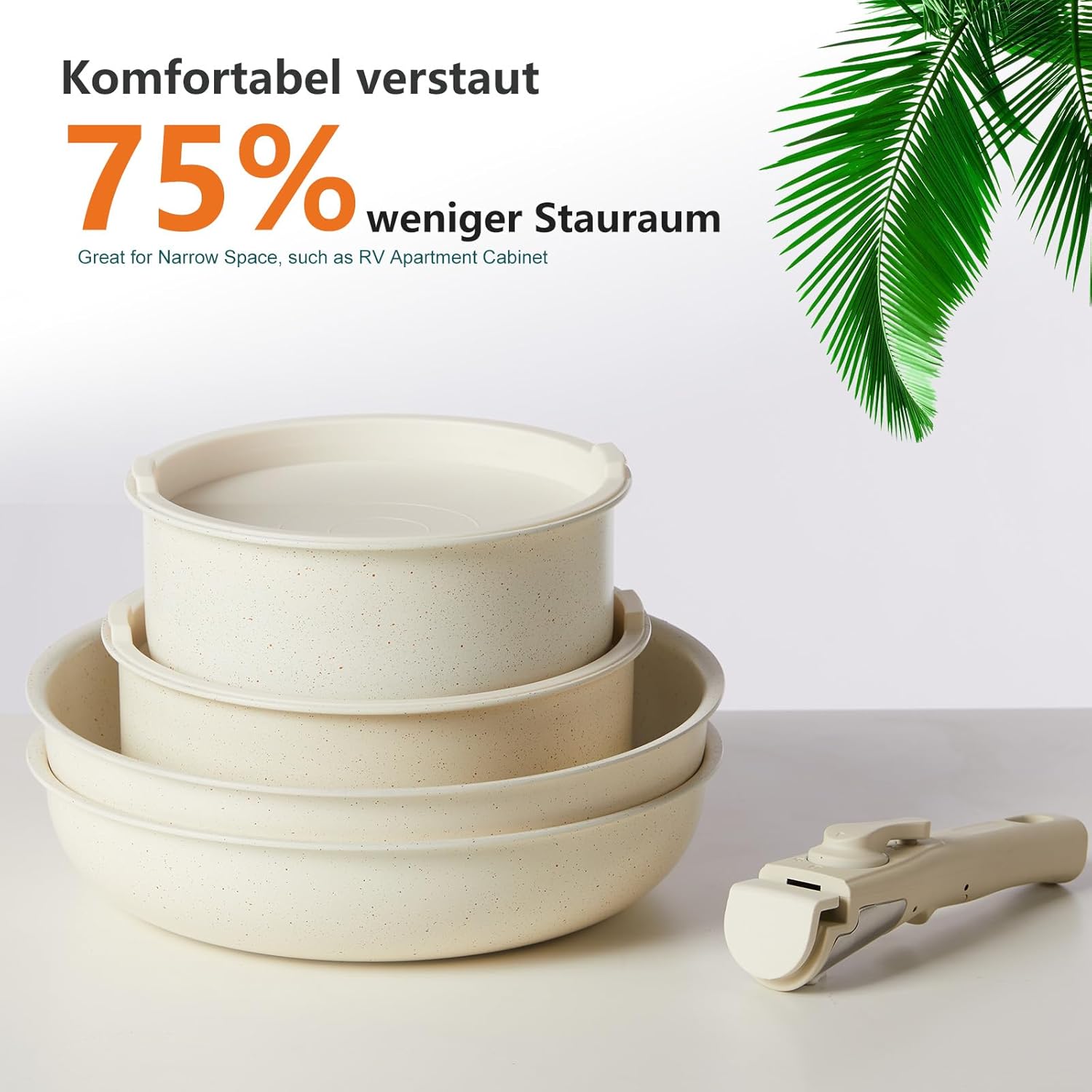 DUMOS 12 Pcs Pots and Pans Set, Nonstick Kitchen Cookware Set, Induction Cooking Sets Detachable Handle, Beige