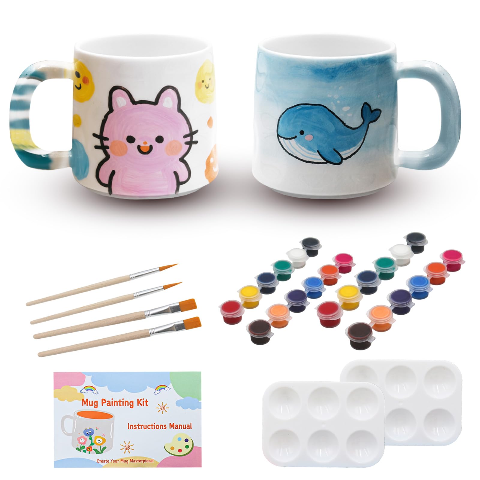 MeiKYing Tazas para Pintar, Juego de pintura de Cerámica con 2 Tazas para Colorear para Adultos, Juego de Pinceles e Instrucciones para Pintar, Kit de Manualidades para Adultos