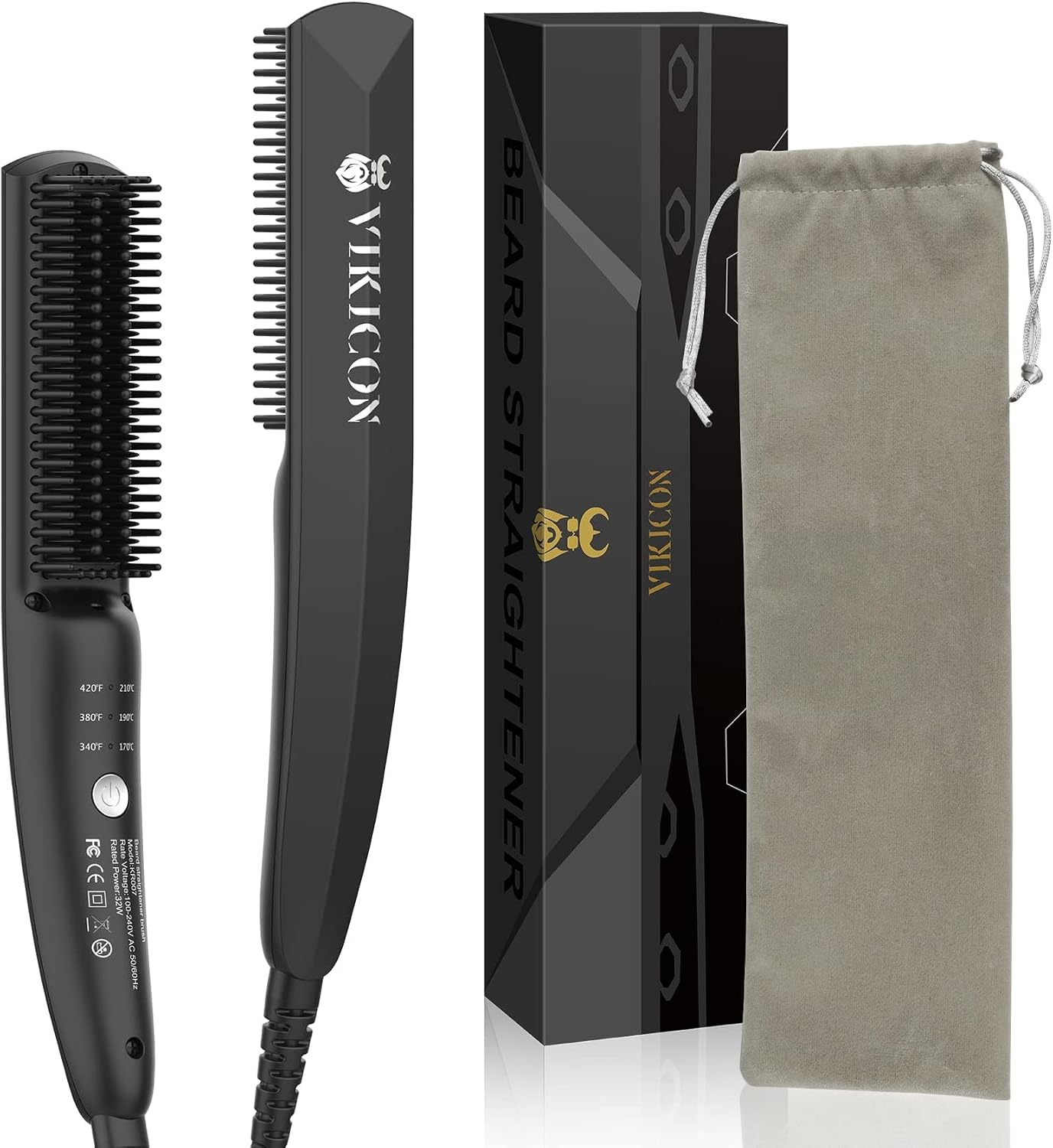 VIKICON Beard and Hair Straightener for Men: Ionic Heated Beard Brush Upgrade Beard Straightening Comb with 3 Adjustable Temperatures Stylish Gifts for Men & Travel Bag