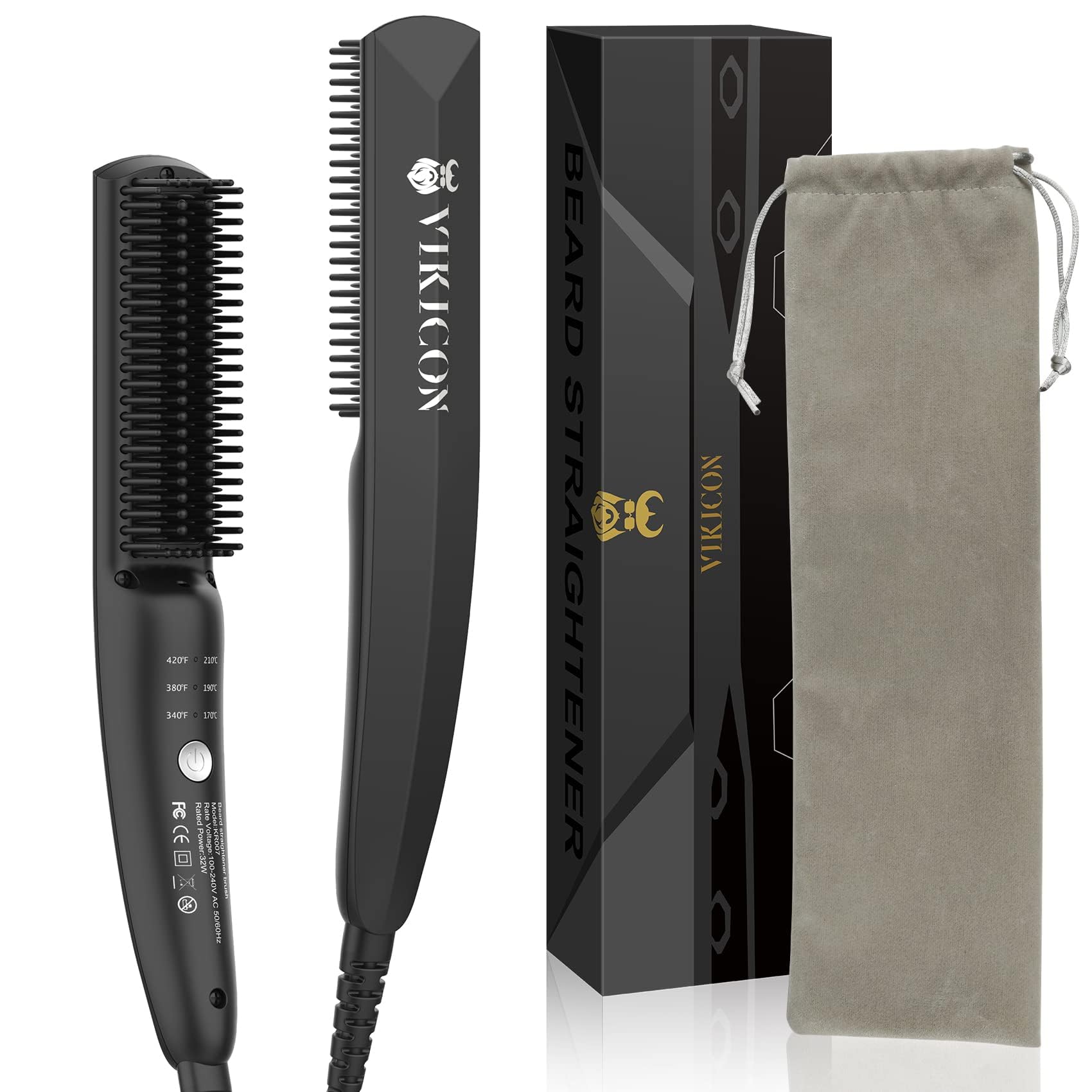 VIKICON Beard and Hair Straightener for Men: Ionic Heated Beard Brush Upgrade Beard Straightening Comb with 3 Adjustable Temperatures Stylish Gifts for Men & Travel Bag
