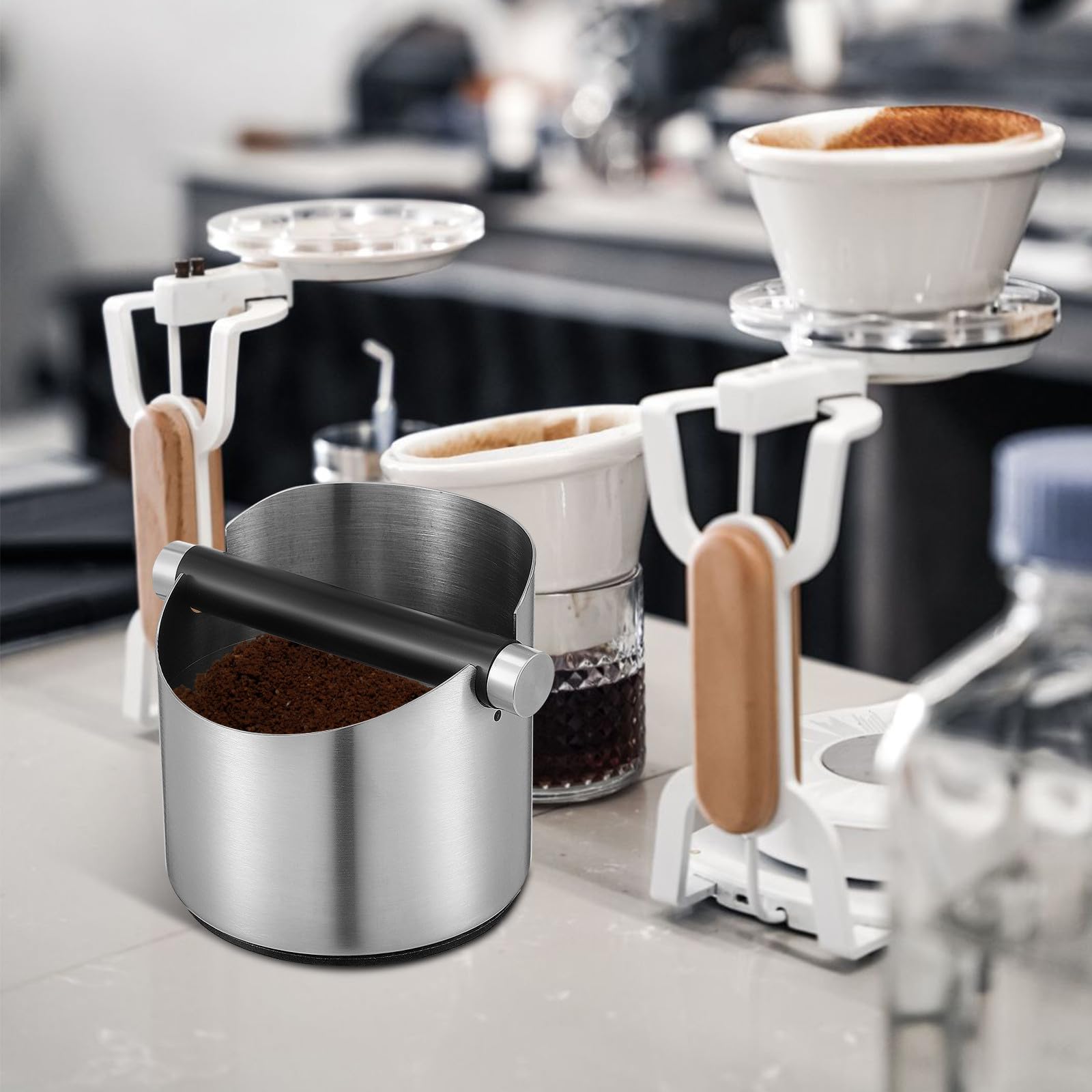 Hohopeti Acero Inoxidable Cubo de Restos de Café con Barra Extraíble | Base Antideslizante de Silicona, Estructura Estable y Uso Fácil, para Restaurantes y Bares