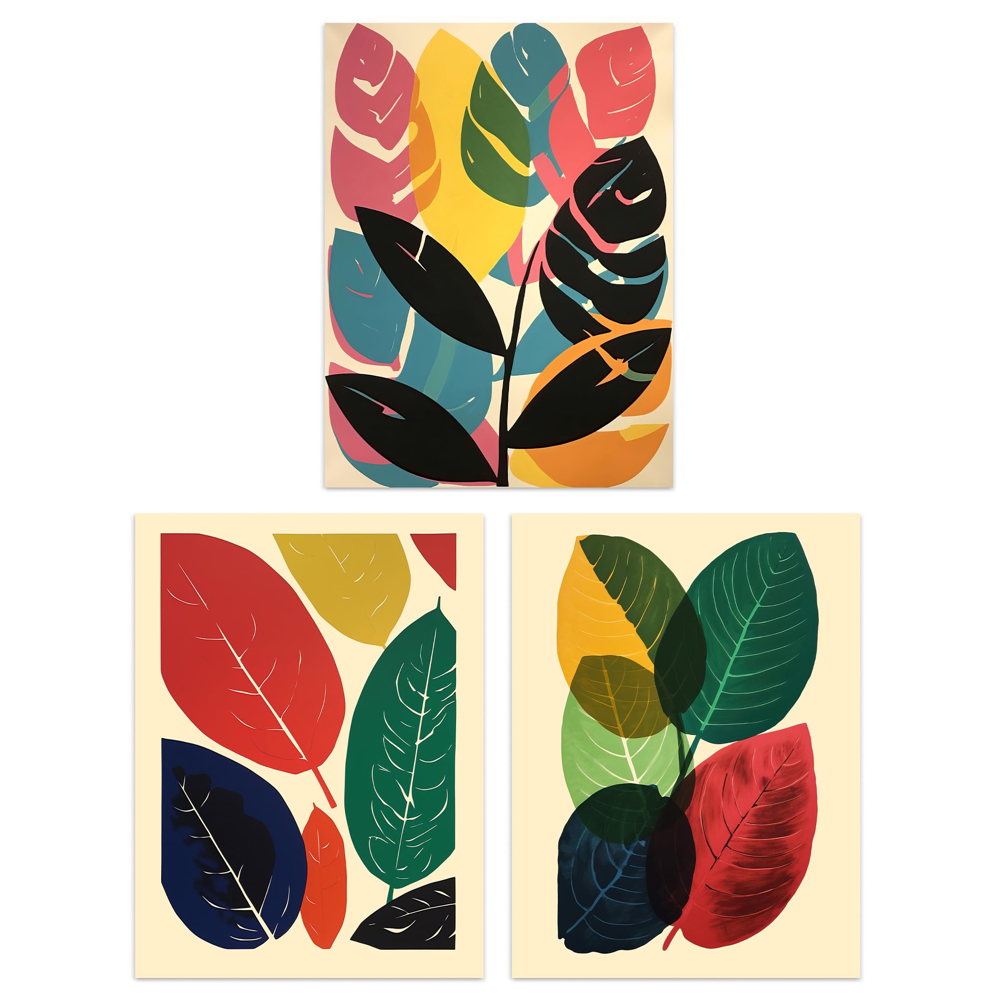 Artery8 Set of 3 Abstract Leaf Artworks Colourful Boho Leaves Graphic Acrylic and Watercolour Unframed Wall Art Living Room Poster Prints Pack