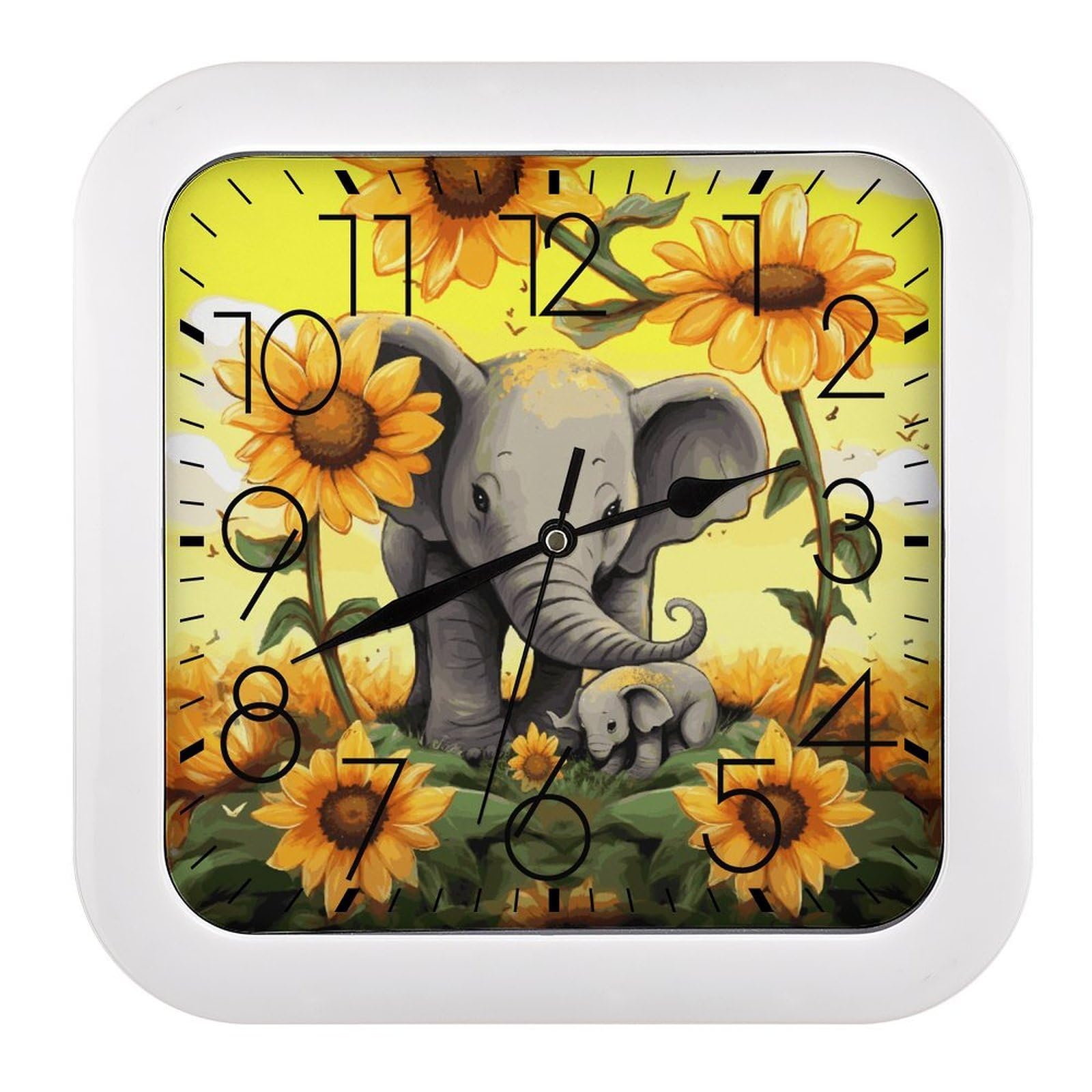 MUSM 10.2 X 10.2 Inch Modern Mother and Baby Elephant Sunflowers Wall Clock Battery Operated High Accuracy Decorative Square Clocks for Kitchen Bedroom Living Room Home Office Porch