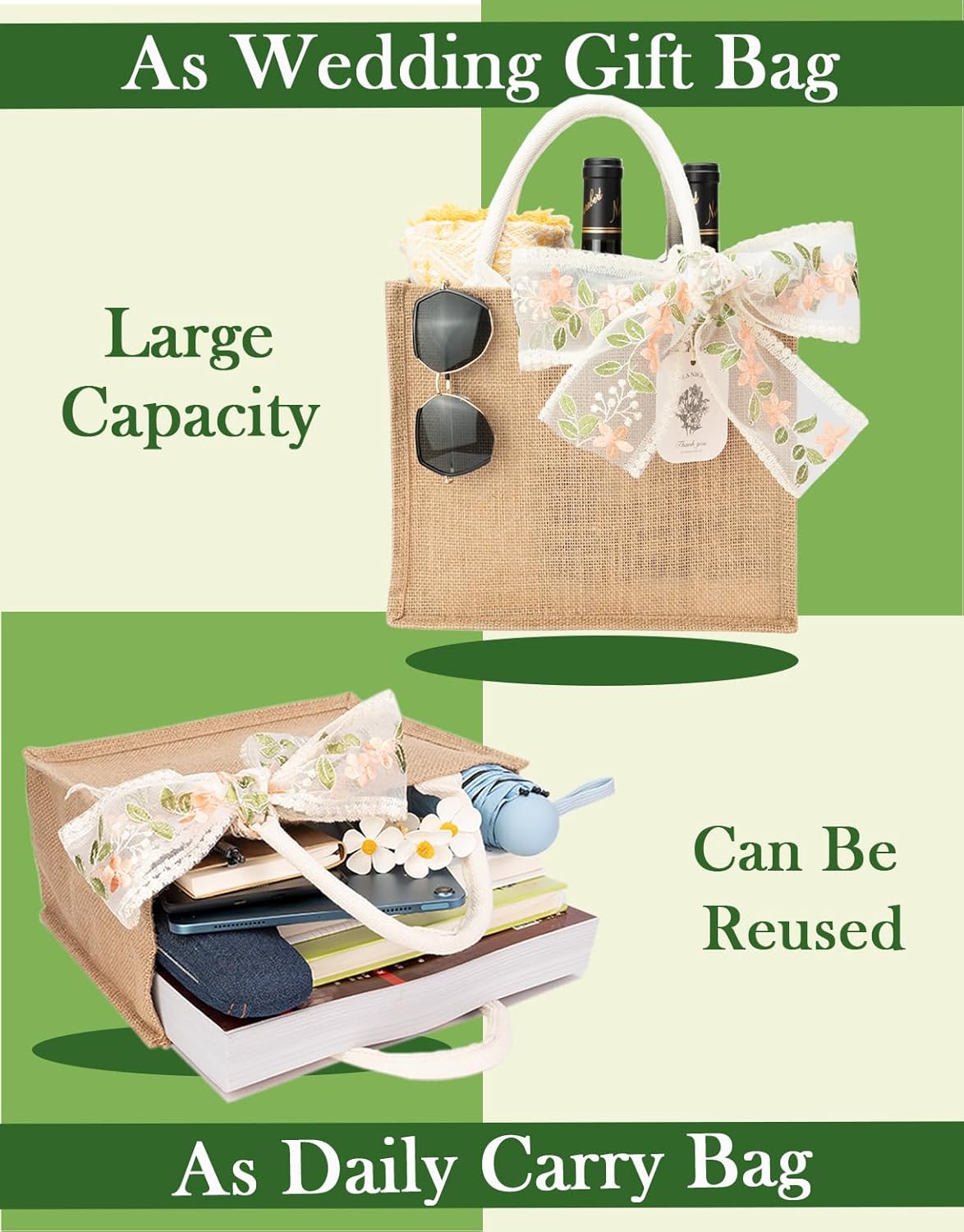 24pcs 6 set Jute Bags Set,Reusable Gift Favors Bag,Bridesmaid Bags with Big Ribbons,Burlap Bag,Jute Tote Bags with Handle - Image 7