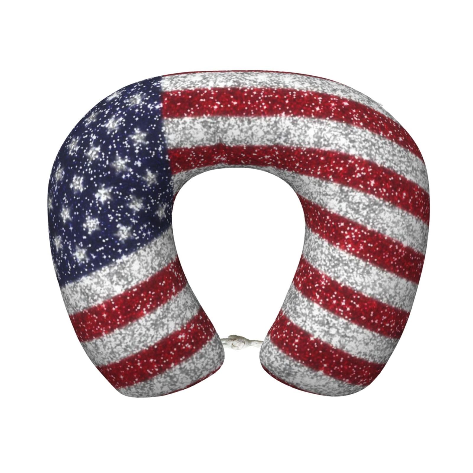 peiyeety America Flag Glitter Print Travel Pillow Memory Foam, Portable Neck Pillow for Airplane, Car and Office