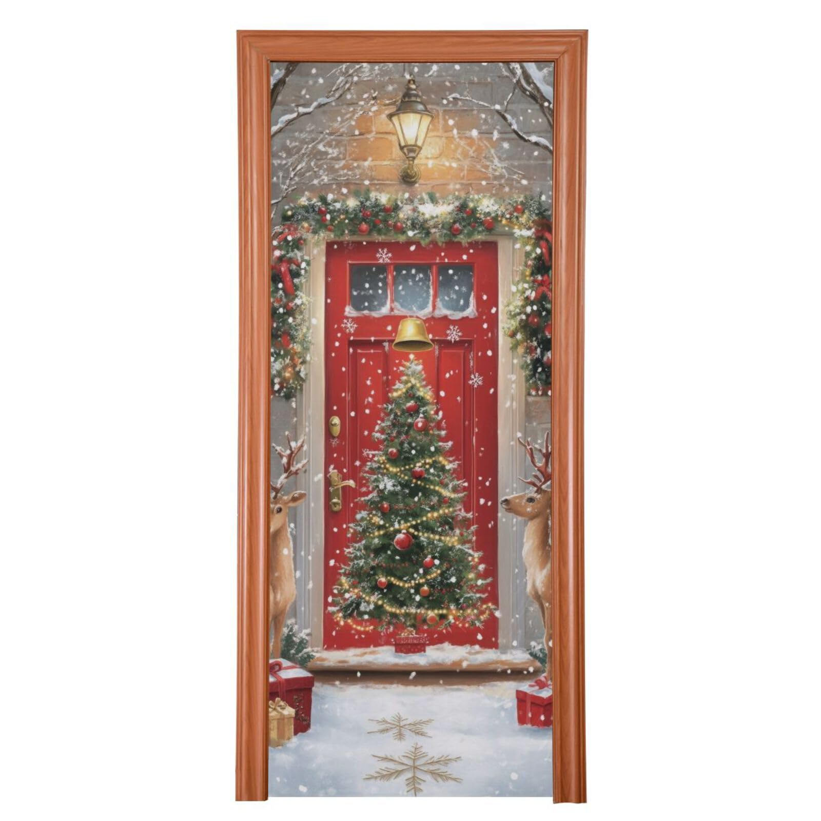 FLildon Front Door Landscape Christmas Door Cover Decoration, Party Accessory Porch Decor for Festive Ornament Room Door Covers 32 x 79 Inch
