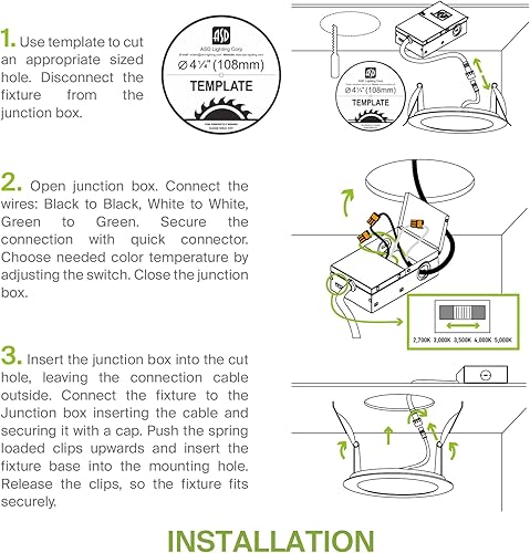 Miniatura 8 de ASD Luz empotrable con clasificación de fuego de 4 pulgadas, 5 colores 2700 K3000 K3500 K4000 K5000 K, 840 lúmenes, clasificación de fuego de 2