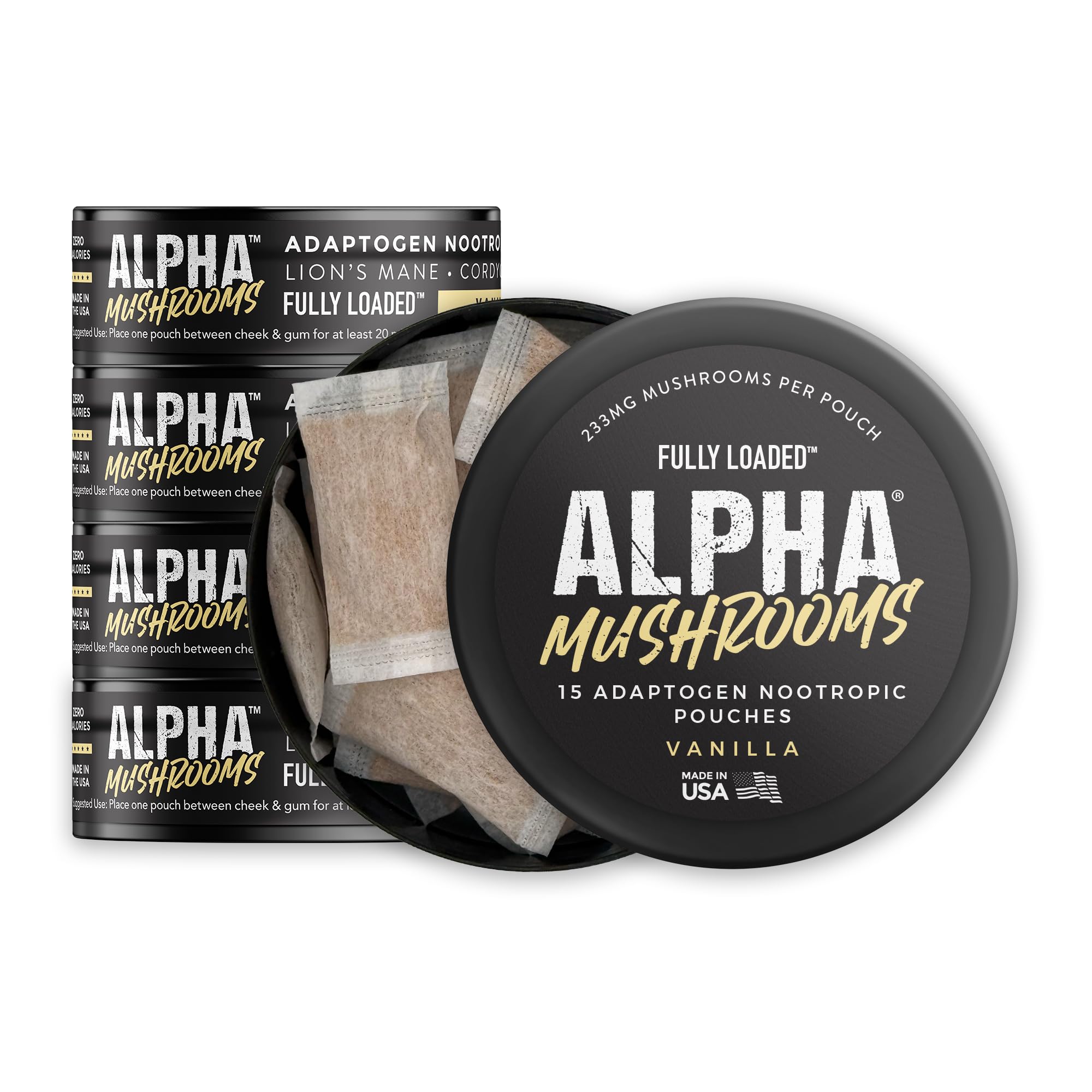 Fully Loaded Bullseye Suplemento de cogumelos funcionais com Lion's Mane, Cordyceps e Chaga, 5 latas