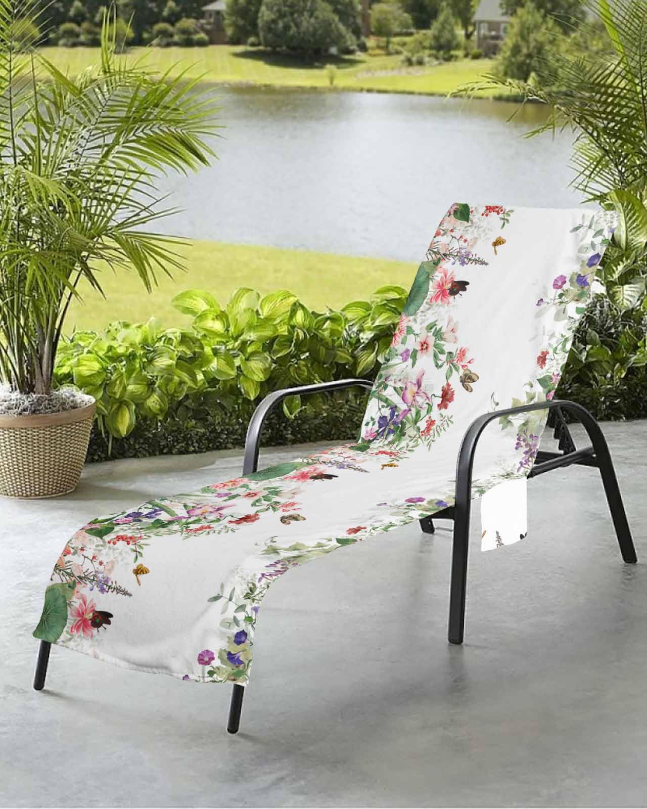 Flower Leaves Beach Chair Towel Covers for Chaise Lounge With Side Pocket, Soft Plush Pool Towels Cover for Patio Sunbathing Outdoor 29''x85'' Watercolor White Romantic Leaves Plant