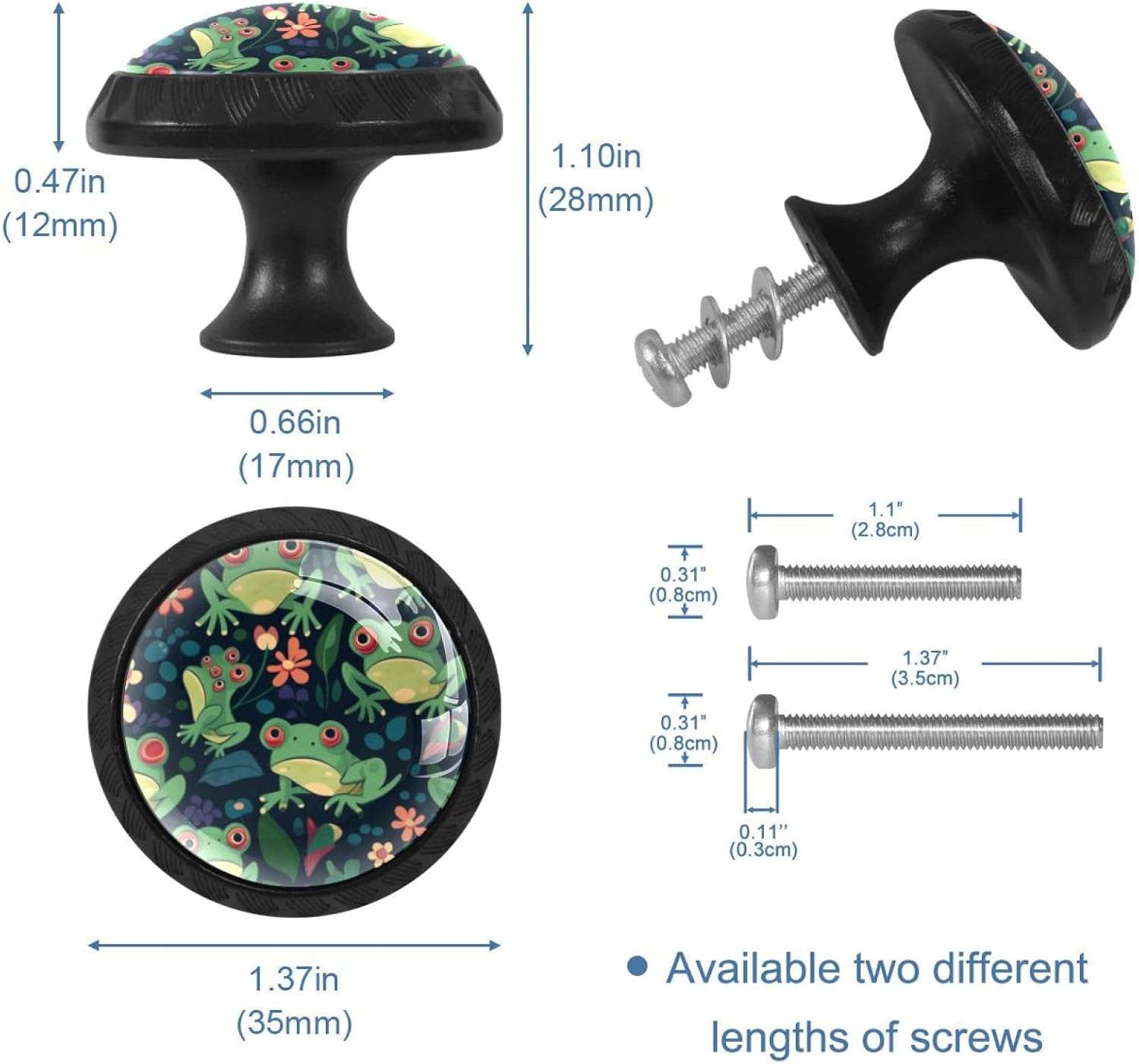4 Piece Cabinet Knobs Flower Cute Fun Cartoon Frogs, Black Dresser Knobs, Cabinet Drawer Hardware, Round Drawer Pulls Handles for Kitchen Wardrobe Cupboard Closet Door image 3