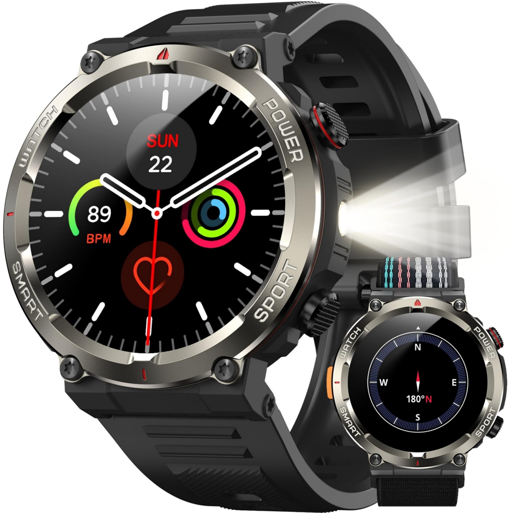 IOWODO Reloj Inteligente Hombre con Llamadas, 1.45" Militar Smartwatch con Linterna y Brújula, 960mAh Batería, 123 Modos Deporte, Monitor Cardíaco 24h/SpO2/Sueño, IP68, 2 Correas(iOS/Android)