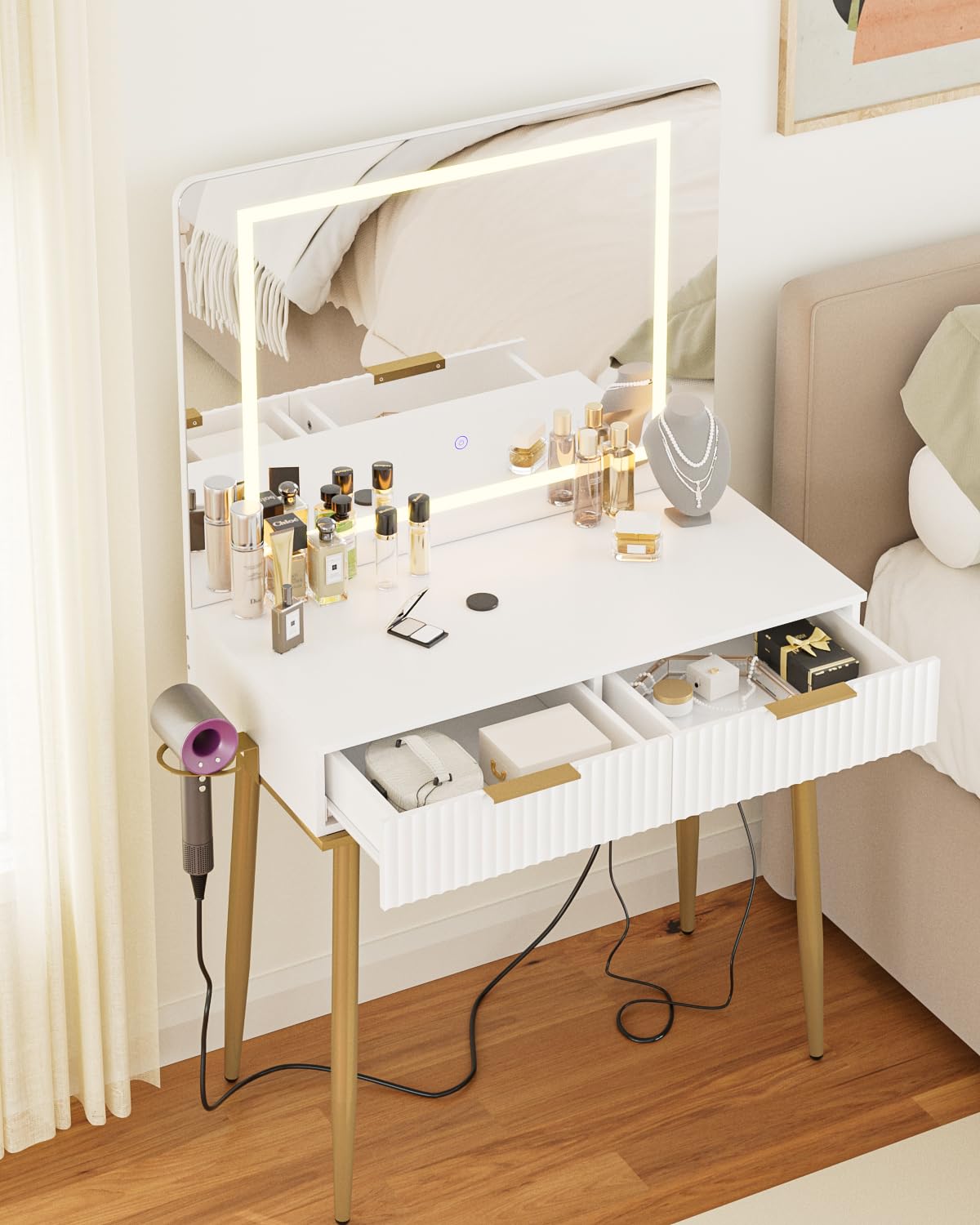 Coiffeuse avec Miroir Pivotant et Tabouret Eclairage LED 3 Couleurs - Ciel & terre Commerce
