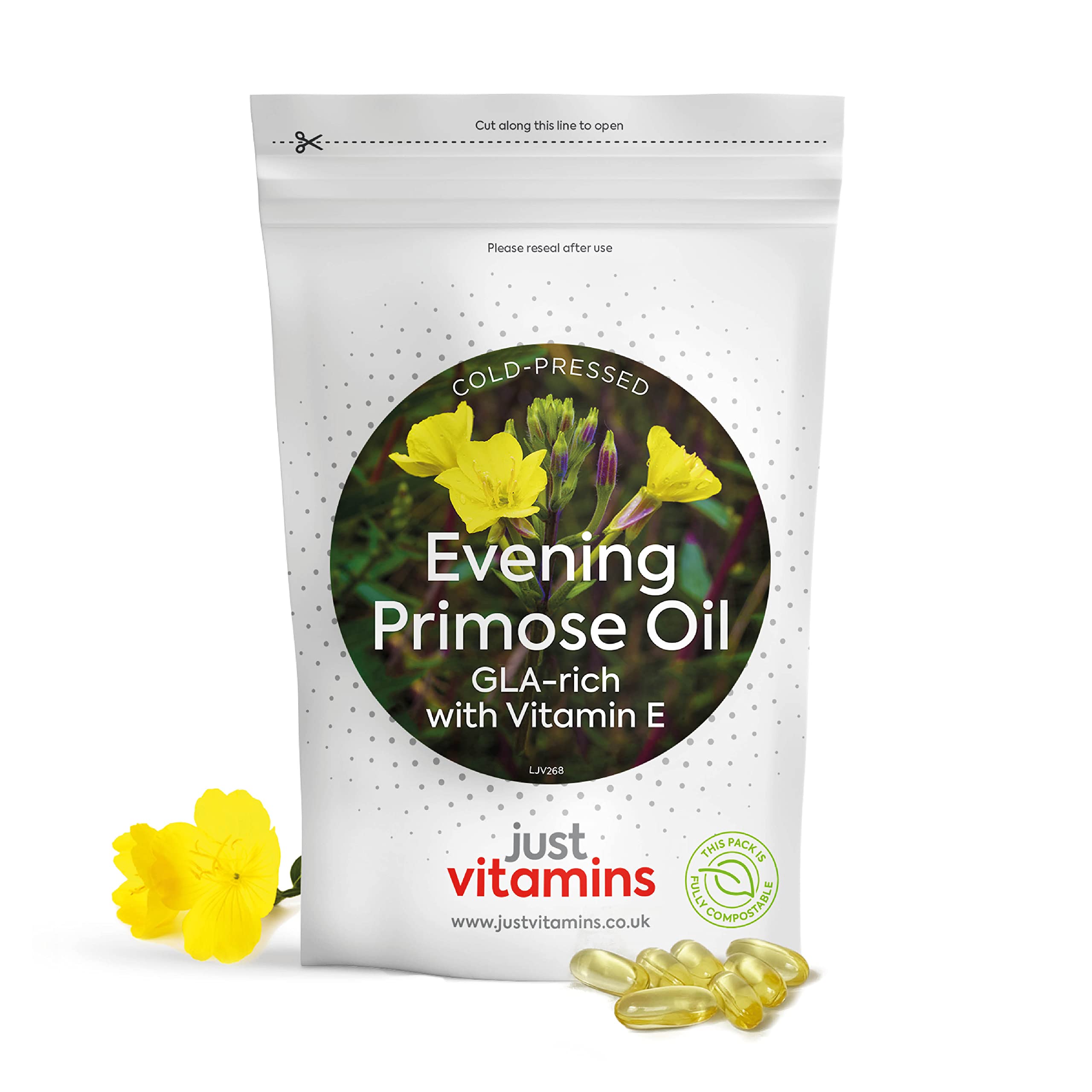 Evening Primrose Oil 1000mg | Cold Pressed | with Vitamin E, Omega 6 & 80mg GLA | 90 Softgel Capsules | for Skin, Hormonal & Joint Support | UK Made - Just Vitamins