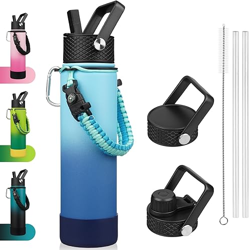 Miniatura 26 de BJPKPK Botella de agua aislada con tapa con popote, frascos térmicos de 22 onzas con 3 tapas, mango de paracord y bota antideslizante, vasos de