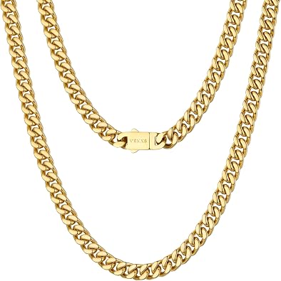 VEXXS Cuban Link Chain, 18K Real Gold Filled Stainless Steel Gold Chain, Durable No Color Fading 5mm 7mm Mens Chain Necklace Mens Jewelry