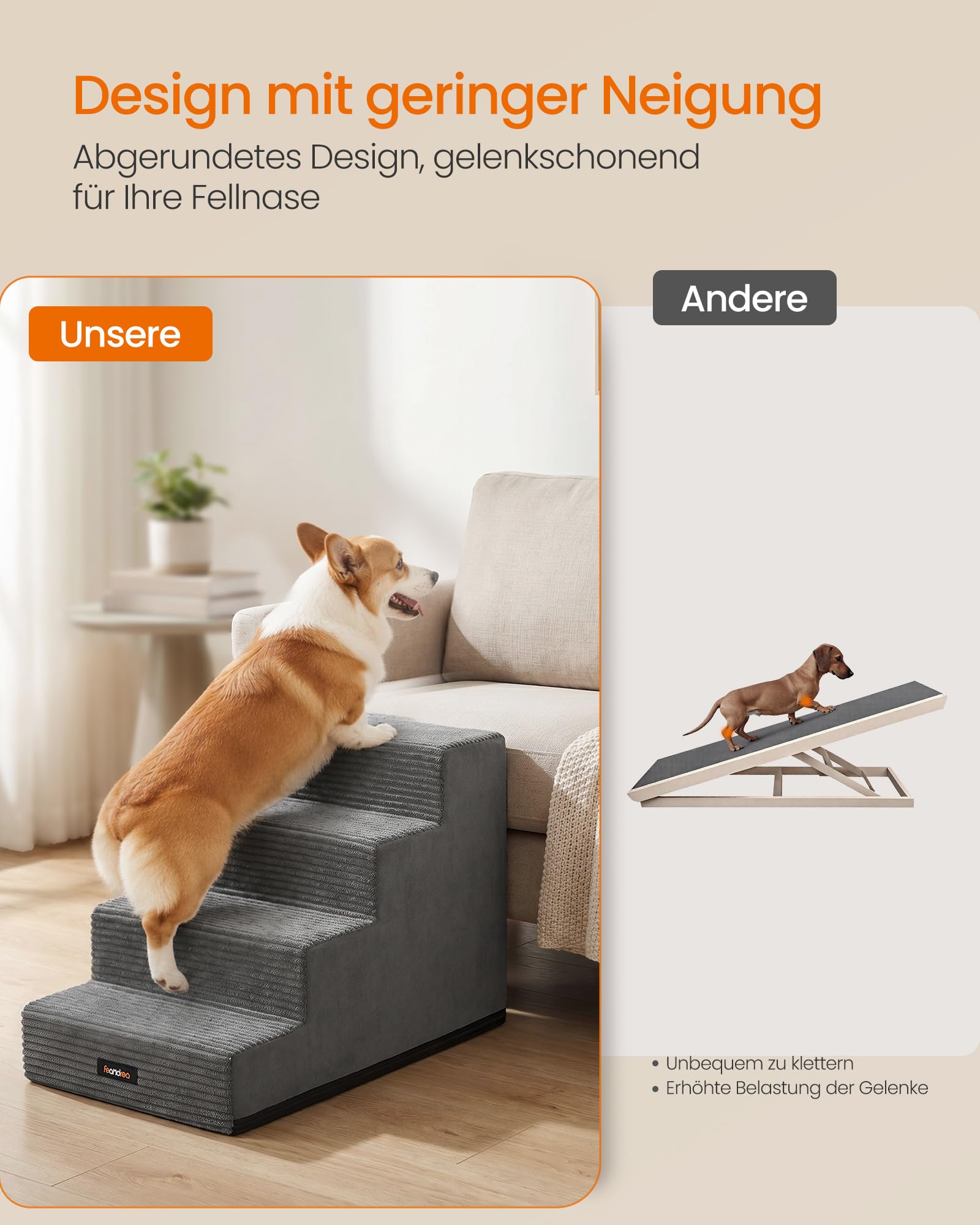 Feandrea Hundetreppe, 4 Stufen, aus Schaumstoff, 62 x 40 x 44 cm