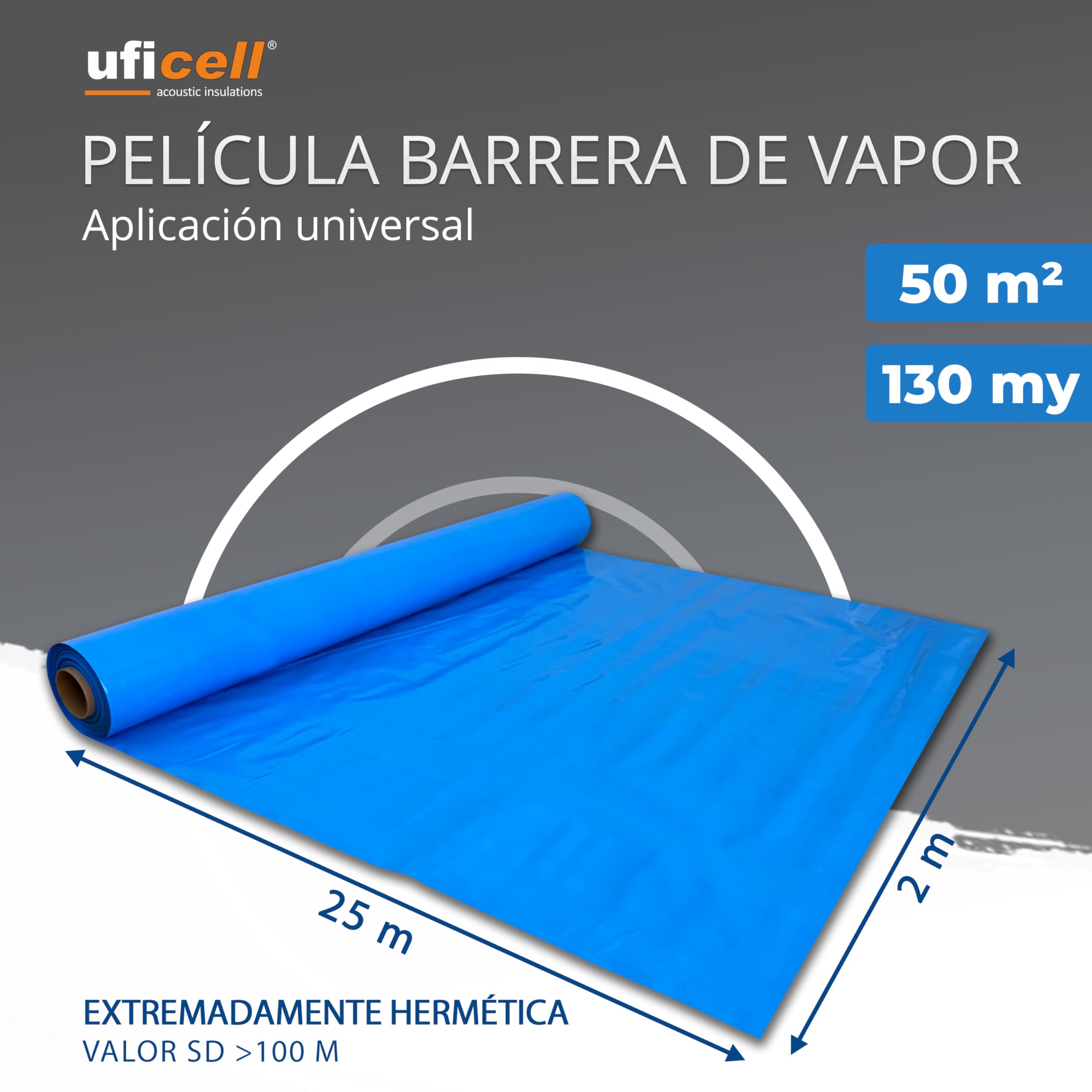 Película de barrera de vapor uficell Aqua-Stopp azul Película de construcción Película de PE de 0,13 mm de grosor para suelos laminados y de parquet con mayor humedad residual (50 m² - 25 x 2)