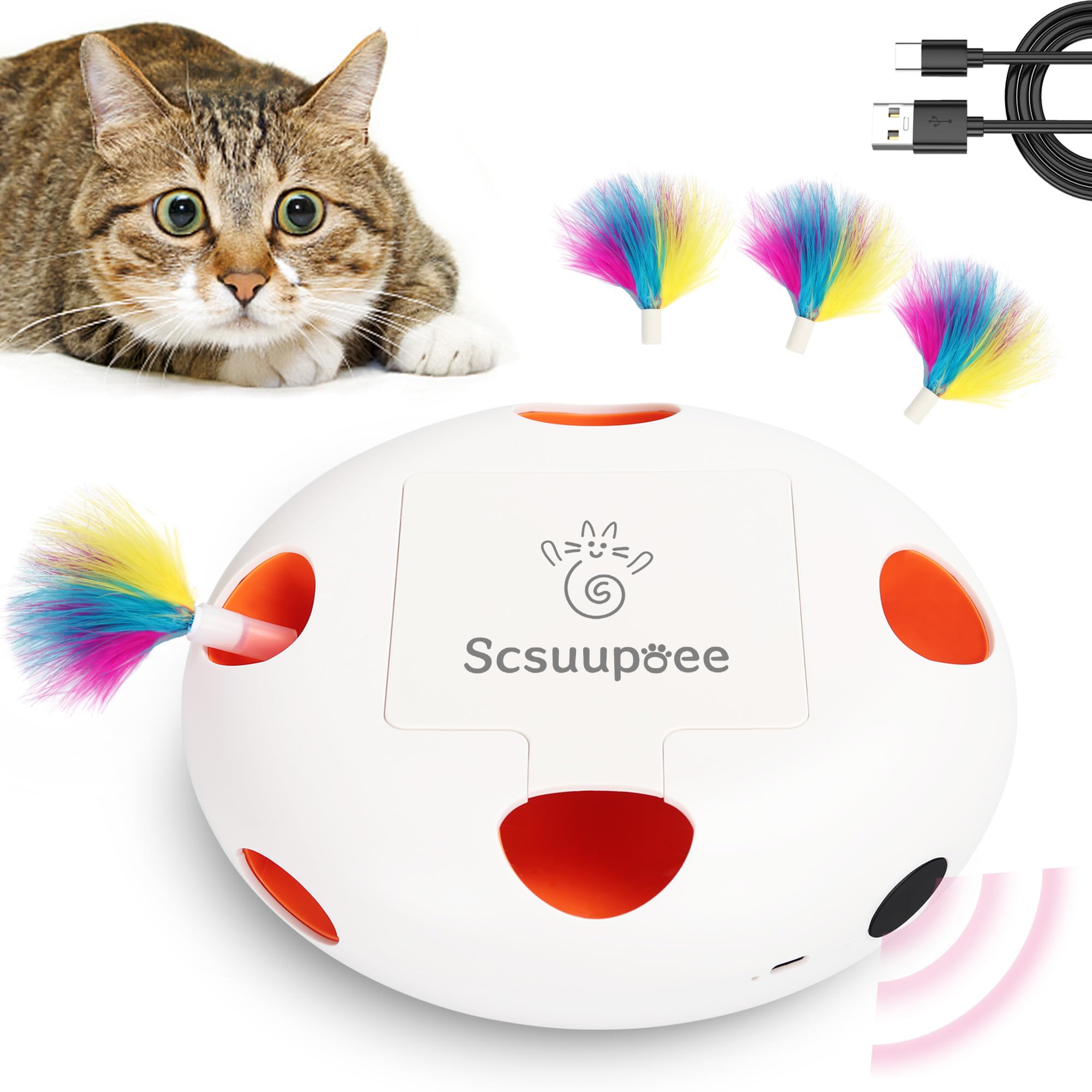 Giocattolo interattivo per gatti, ricaricabile, con sensore intelligente, con 7 fori, alimentato tramite USB, automatico, per gatti da interni, bianco