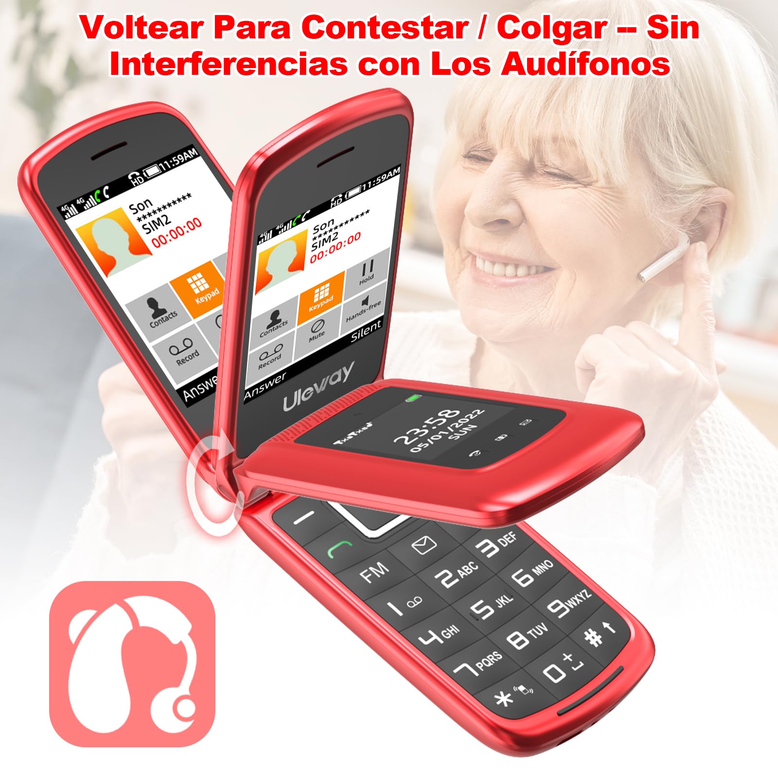 CHAKEYAKE 4G Telefono Movil para Mayores Libre con Teclas Grandes, Doble SIM Doble Pantalla LCD, Teléfono Móvil Personas Mayores con Botón SOS, Cable USB C | Batería 1000mah | Base Cargadora | Rojo