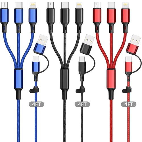 Cable de carga múltiple (paquete de 3 de 4 pies), cable de carga 3 en 1, cable de carga universal trenzado de nailon 6 en 1 USB A/C a USB