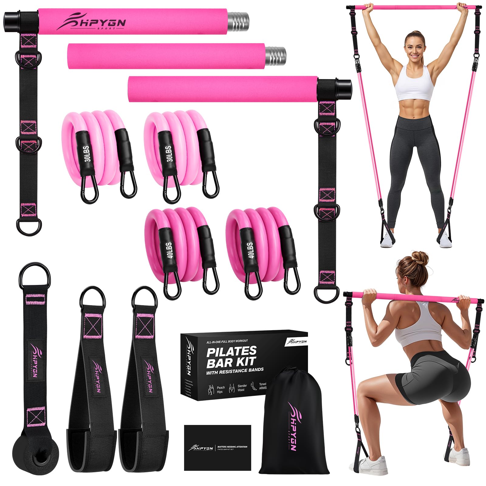 HPYGN Pilates Equipment, Home Pilates Kit for Women, Multifunctional Heavy Resistance Bands with Bar for Legs, Hip, Back, Arm, Adjustable 3-Section Exercise Stick Set, Yoga & Squats Home Gym Equipment-image-39