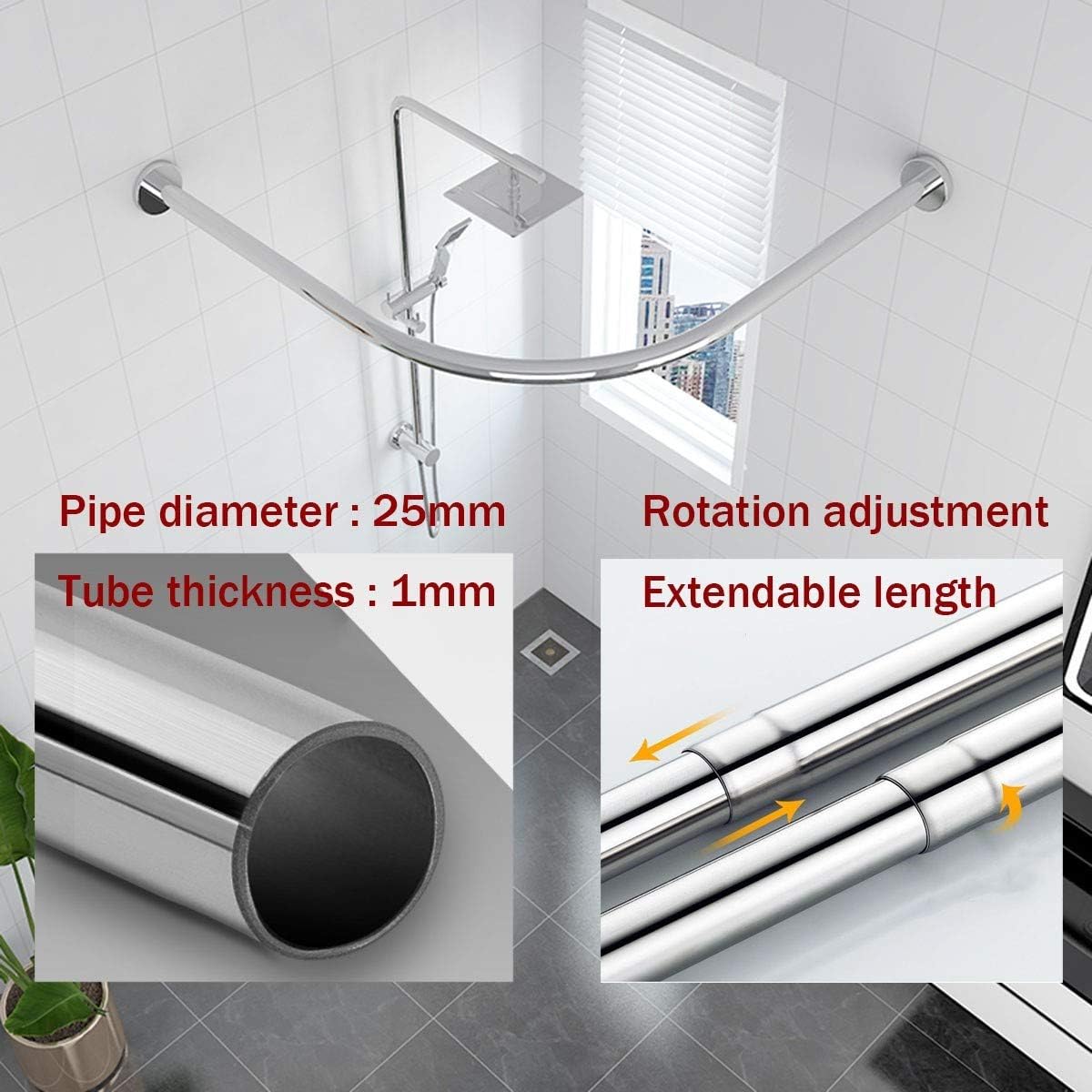 Extendable Shower Curtain Tension Rod, Telescopic Curved Shower Rail, Stainless Steel Rustproof Shower Curtain Rails for Bath, Dressing Room, with Shower Curtain and Hooks 70 to 95 cm × 90 to 130 cm