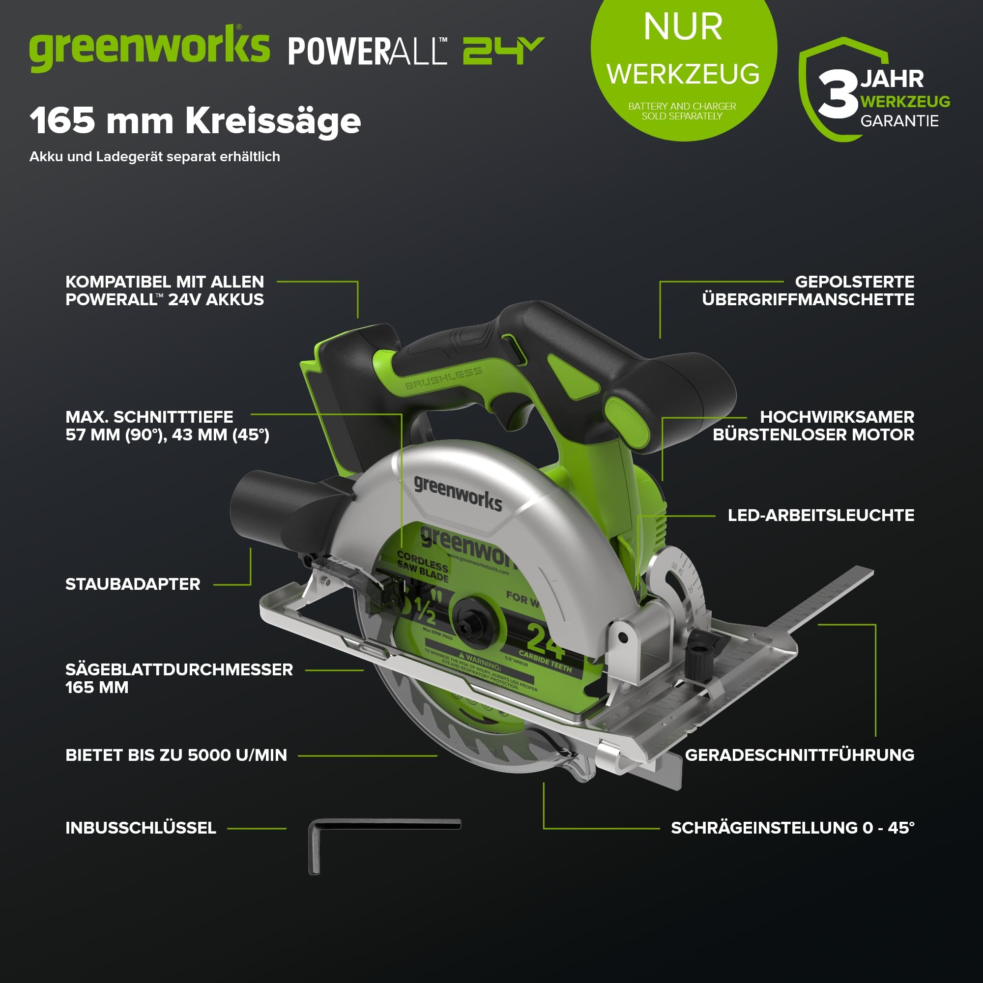 Greenworks 24 V, bezszczotkowa pilarka tarczowa 165 mm, 5000 obr./min, 20 mm brzeszczot, regulowana głębokość cięcia 45°/90°, światło LED, bez baterii i ładowarki CRG404