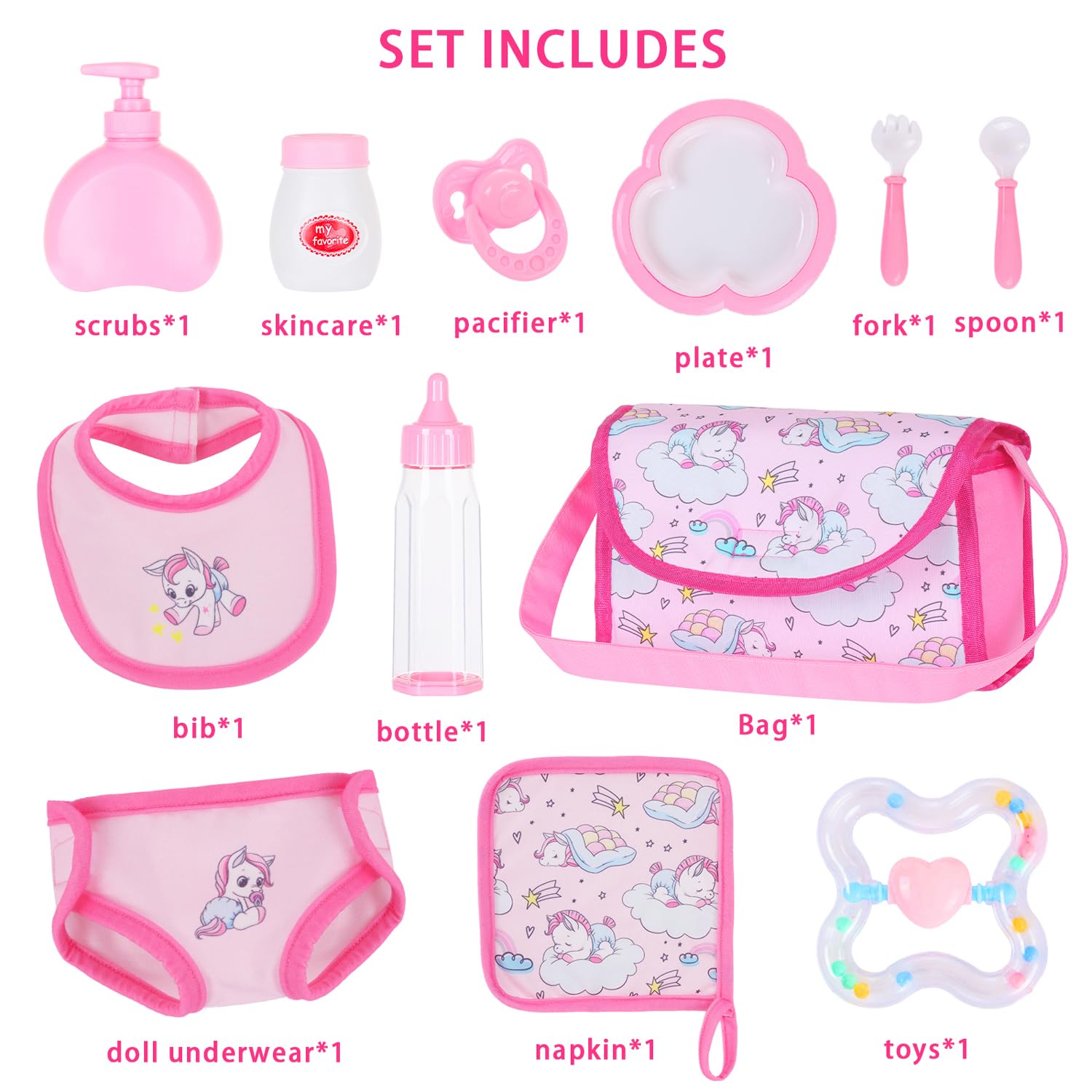 Accessoires de Poupée pour Poupée 40-45 cm - 12 Pièces avec Sac à Langer, Biberon, Bavette, Tétine et Couche pour Fille