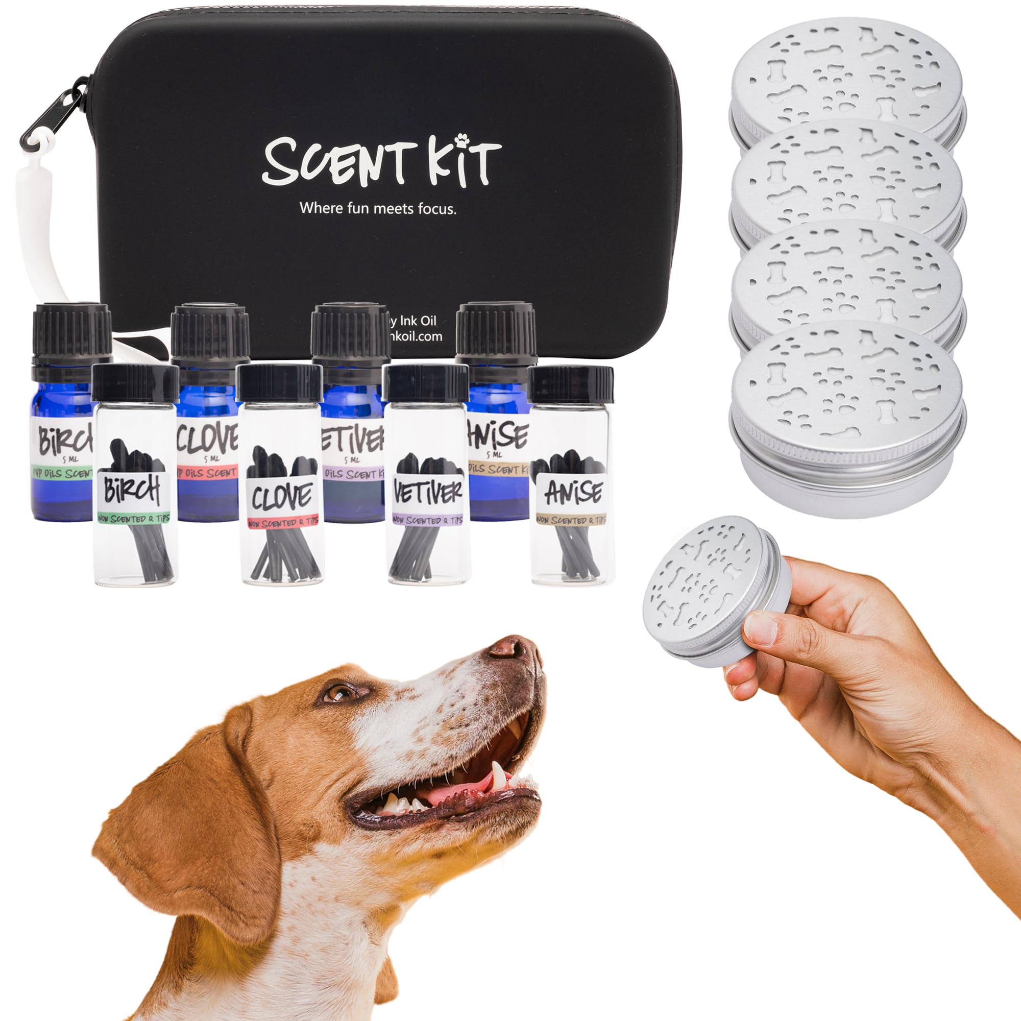 Ink Oil - Pup Scent Work Starter Kit I Dog Scent Training Kit I Complete Nose Scentwork - Anise, Birch, Clove & Vetiver Flavour I Portable Small Aid Kit for Pet Home Trainer - Pure Essential Oils Sets