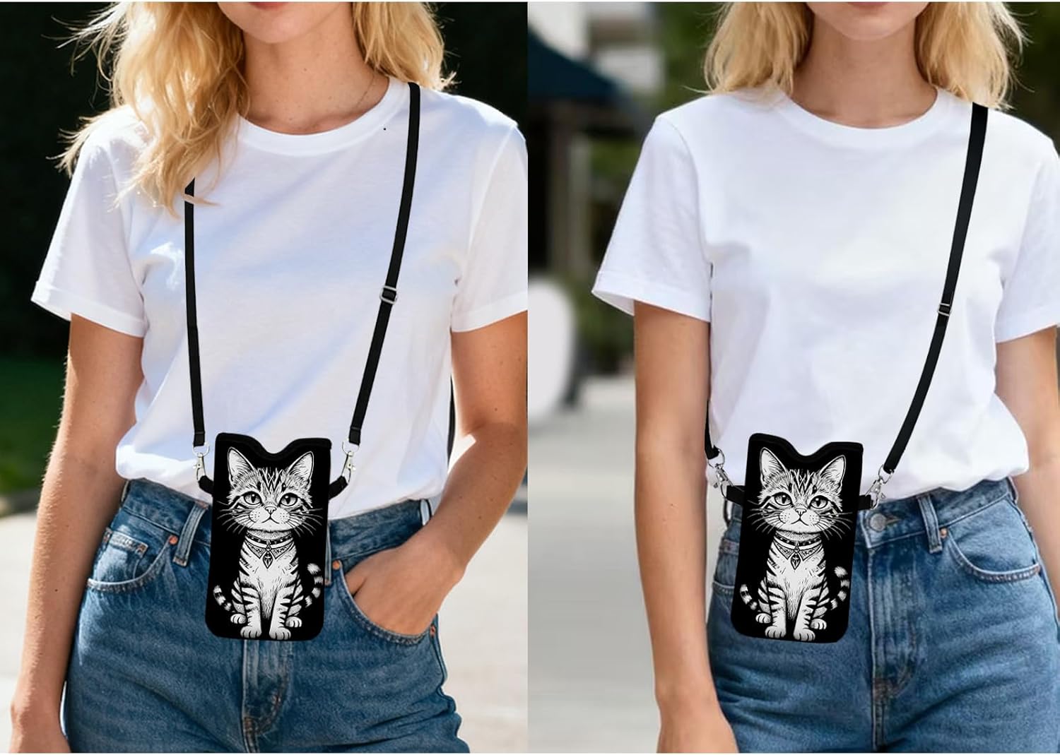 Men Women Neoprene Cell Phone Sleeve Pouch Case Bag with Crossbody Strap/Neck Lanyard 7.5 X 4.3 in (Black and White Cat Pattern)